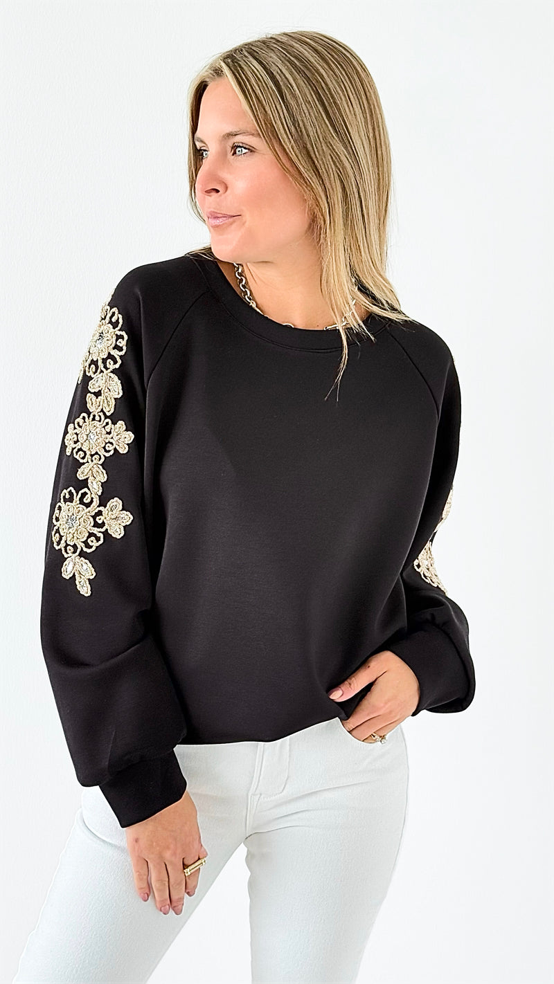 Ornate Blossom Sleeve Italian Sweater- Black-140 Sweaters-Italianissimo-Coastal Bloom Boutique, find the trendiest versions of the popular styles and looks Located in Indialantic, FL