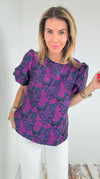 Nocturnal Garden Puff Sleeve Top-110 Short Sleeve Tops-SUGARLIPS-Coastal Bloom Boutique, find the trendiest versions of the popular styles and looks Located in Indialantic, FL