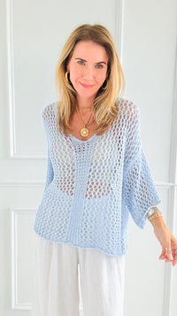 Sea Breeze Italian Crochet Top- Sky Blue-140 Sweaters-SEÑORITA C-Coastal Bloom Boutique, find the trendiest versions of the popular styles and looks Located in Indialantic, FL