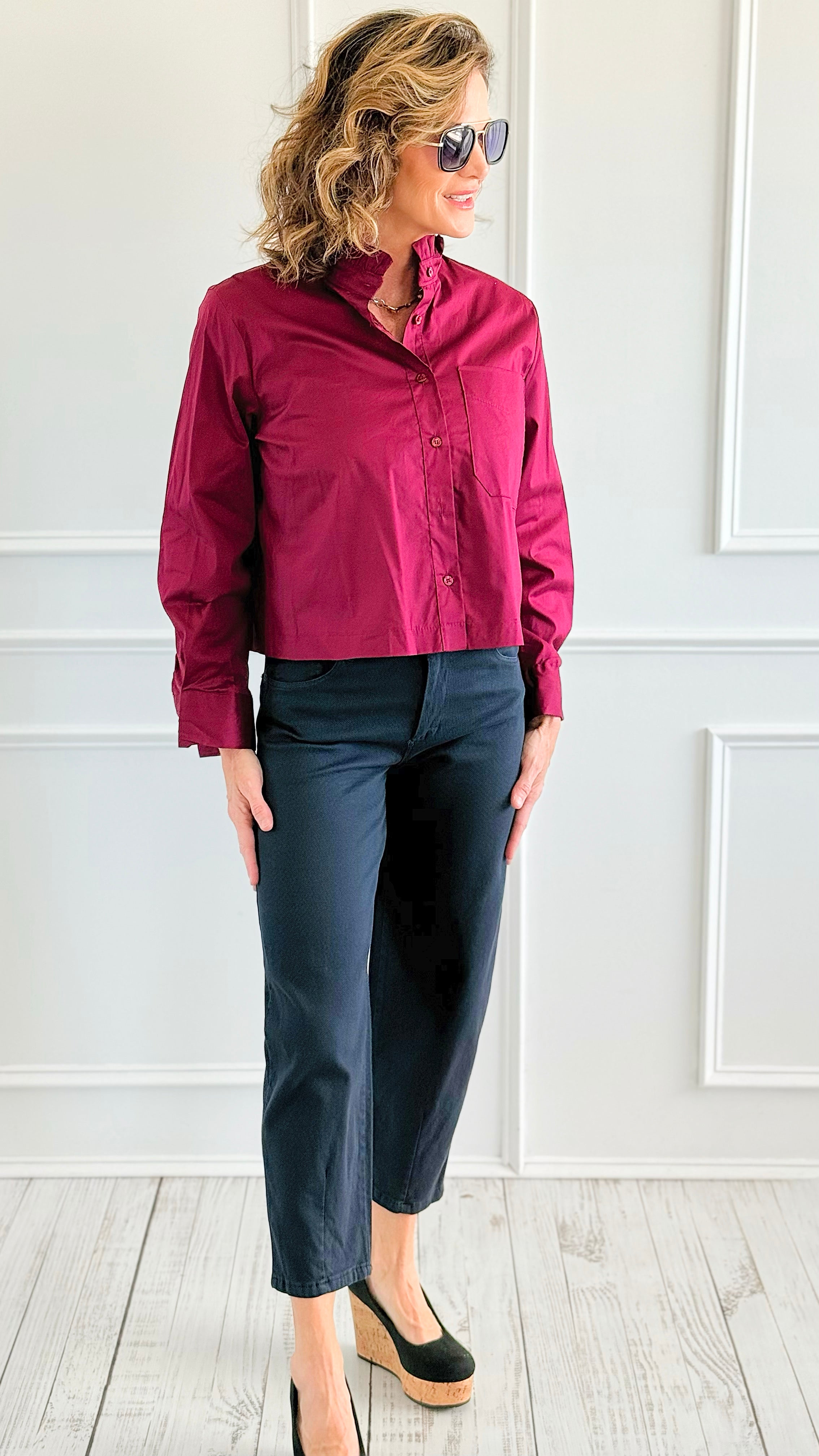 Charmed Elegance Italian Button Down Blouse- Burgundy-110 Long Sleeve Tops-TATTOO Z-Coastal Bloom Boutique, find the trendiest versions of the popular styles and looks Located in Indialantic, FL