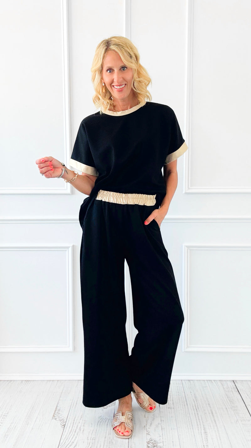 Golden Detail Contrast Italian Set- Black-210 Loungewear/Sets-Italianissimo-Coastal Bloom Boutique, find the trendiest versions of the popular styles and looks Located in Indialantic, FL