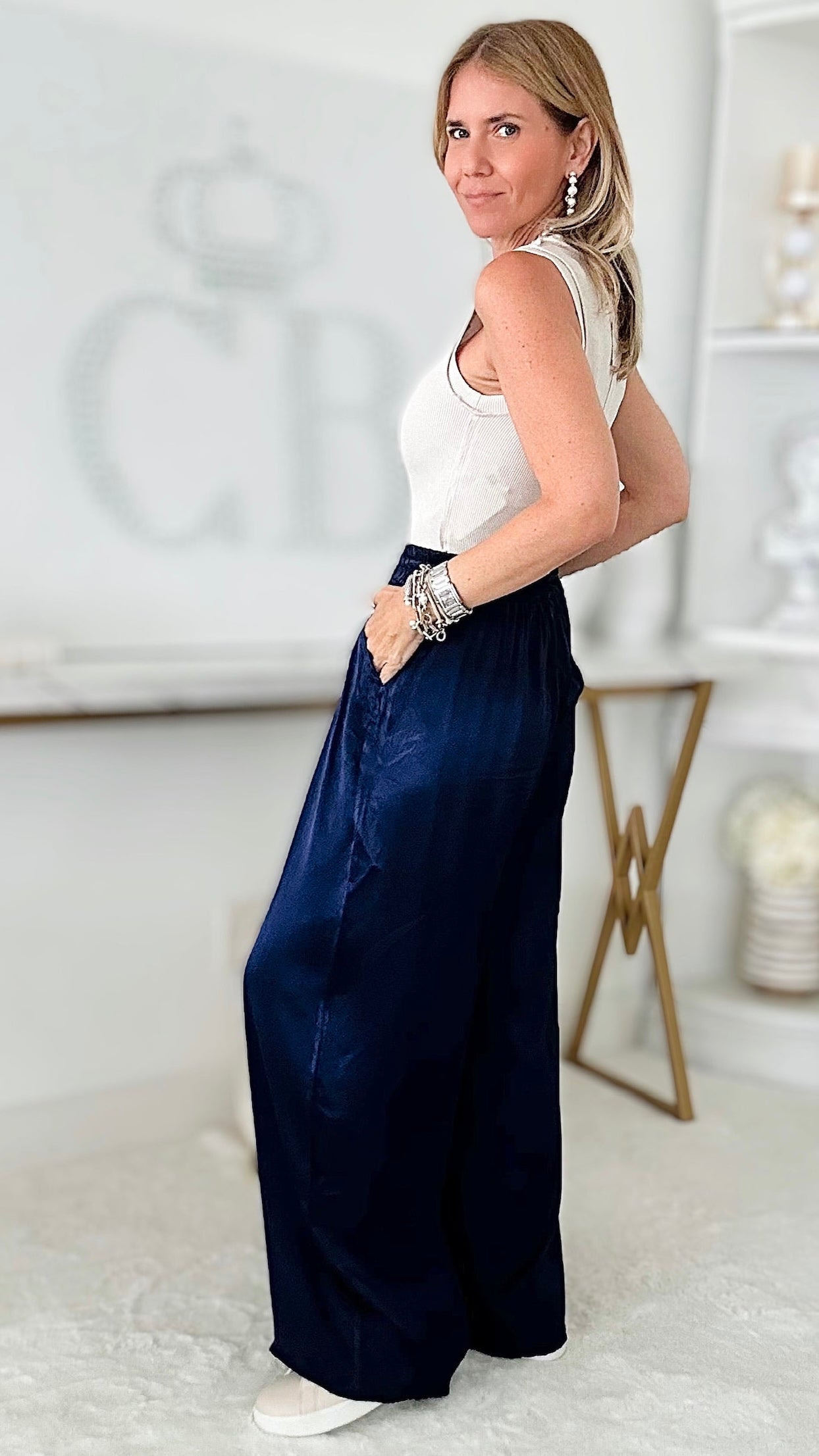 Angora Italian Satin Pant - Navy-170 Bottoms-Germany-Coastal Bloom Boutique, find the trendiest versions of the popular styles and looks Located in Indialantic, FL