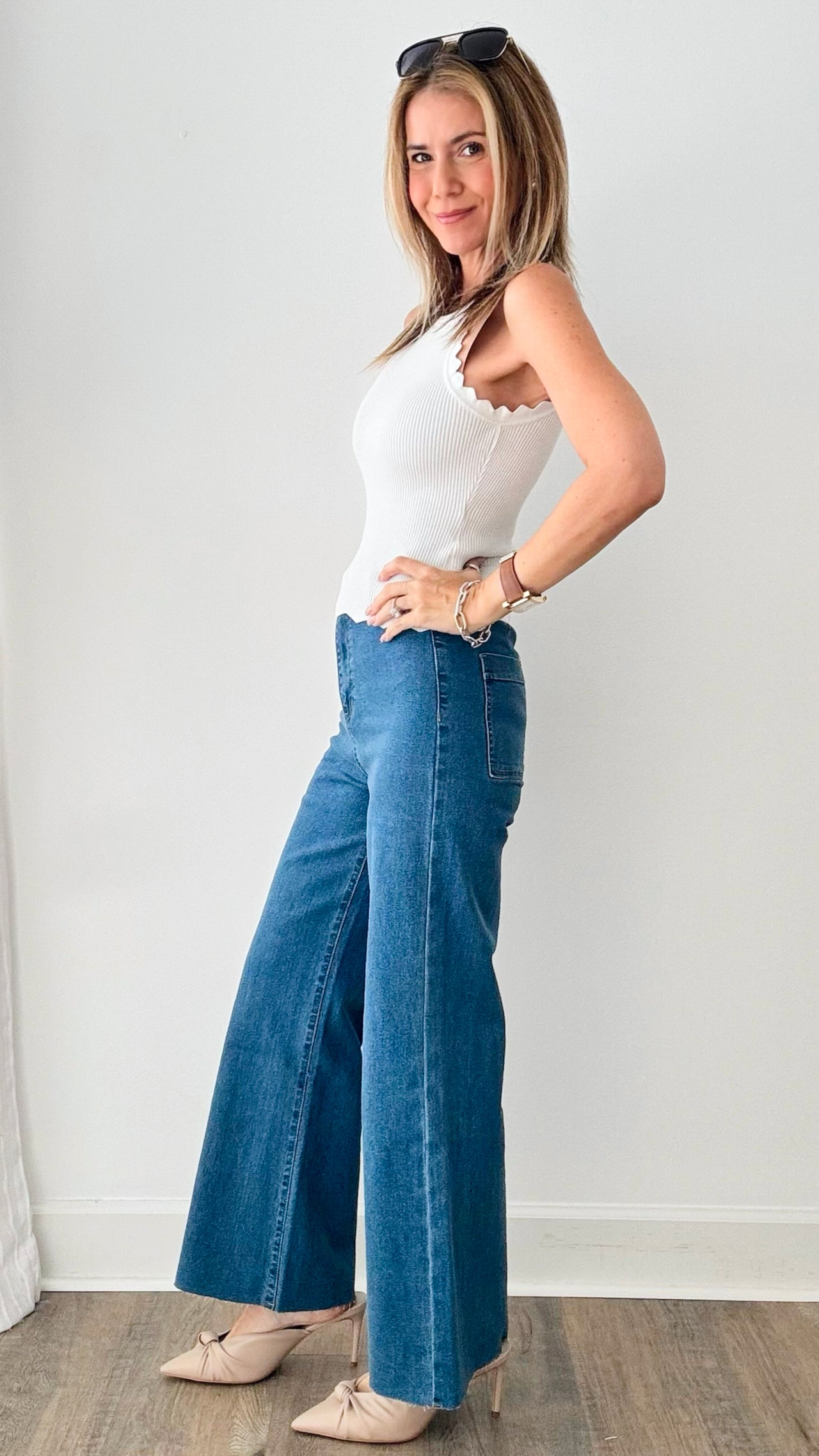 Stretch Wide Leg High Rise Cropped Denim Jean - Medium Denim-170 Bottoms-Anniewear-Coastal Bloom Boutique, find the trendiest versions of the popular styles and looks Located in Indialantic, FL