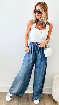 Mineral Washed Chambray Wide Pants-170 Bottoms-EASEL-Coastal Bloom Boutique, find the trendiest versions of the popular styles and looks Located in Indialantic, FL