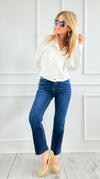 Mid-Rise Crop Raw Edge Jeans - Dark