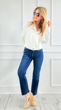 Mid-Rise Crop Raw Edge Jeans - Dark