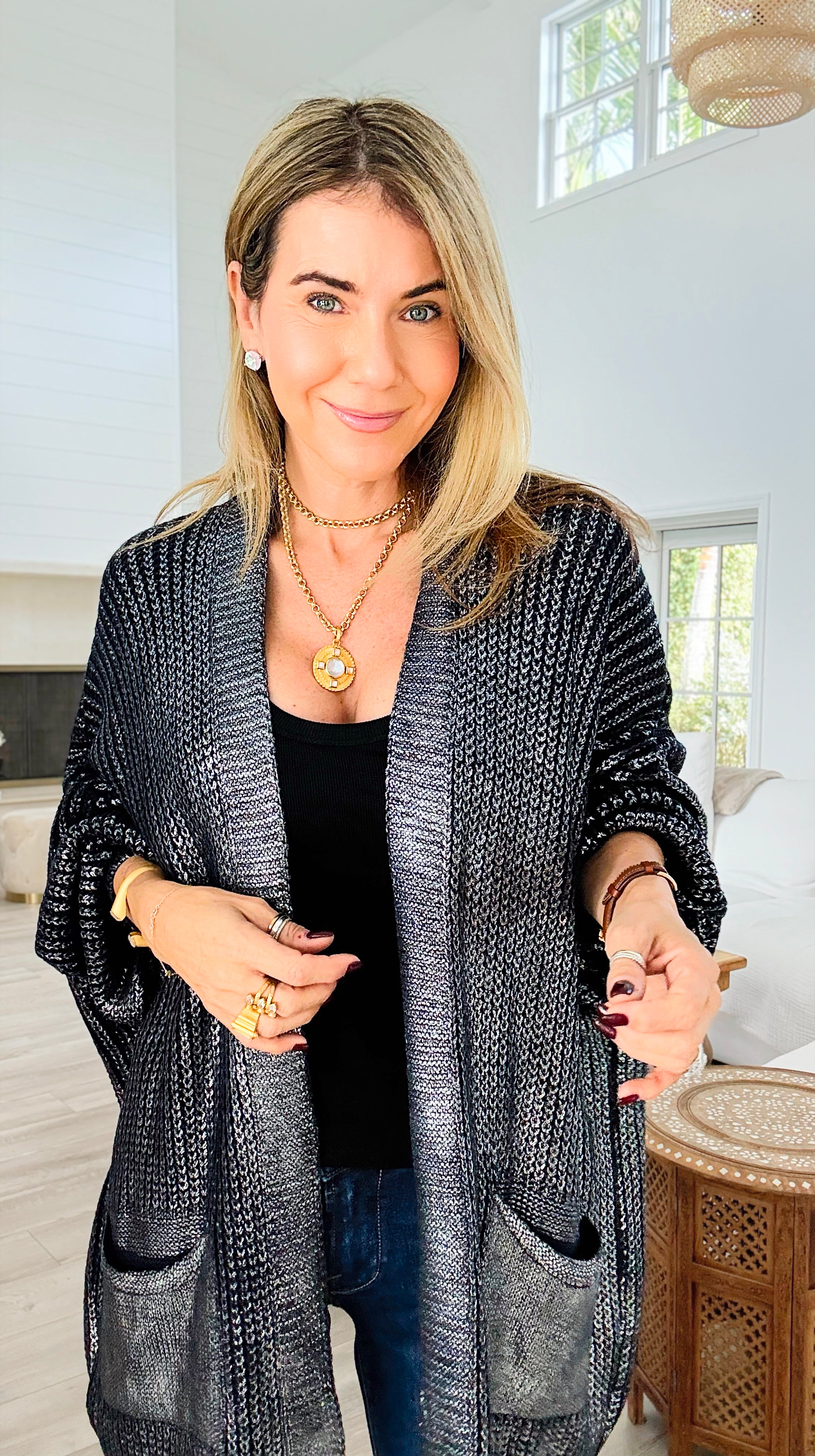Mirrored Metallic Sugar High Italian Cardigan- Navy/ Silver-150 Cardigan Layers-Italianissimo-Coastal Bloom Boutique, find the trendiest versions of the popular styles and looks Located in Indialantic, FL