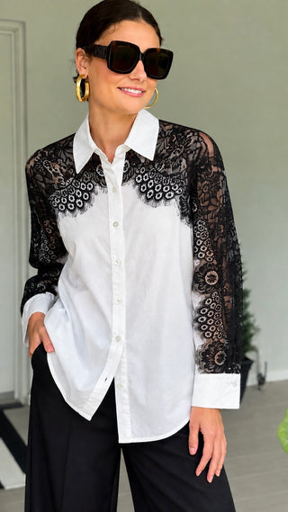 Lines & Lace Italian Button Top - White/Black