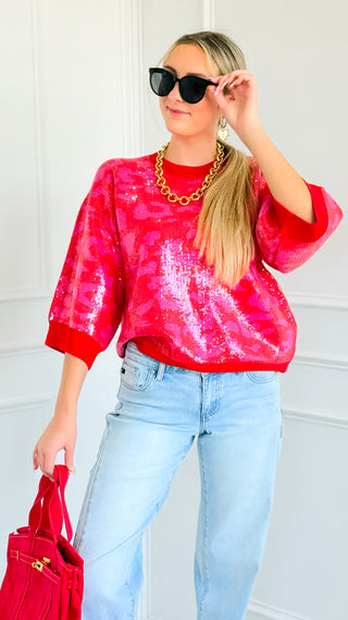 Sequin Animal Print Knit Top - Red