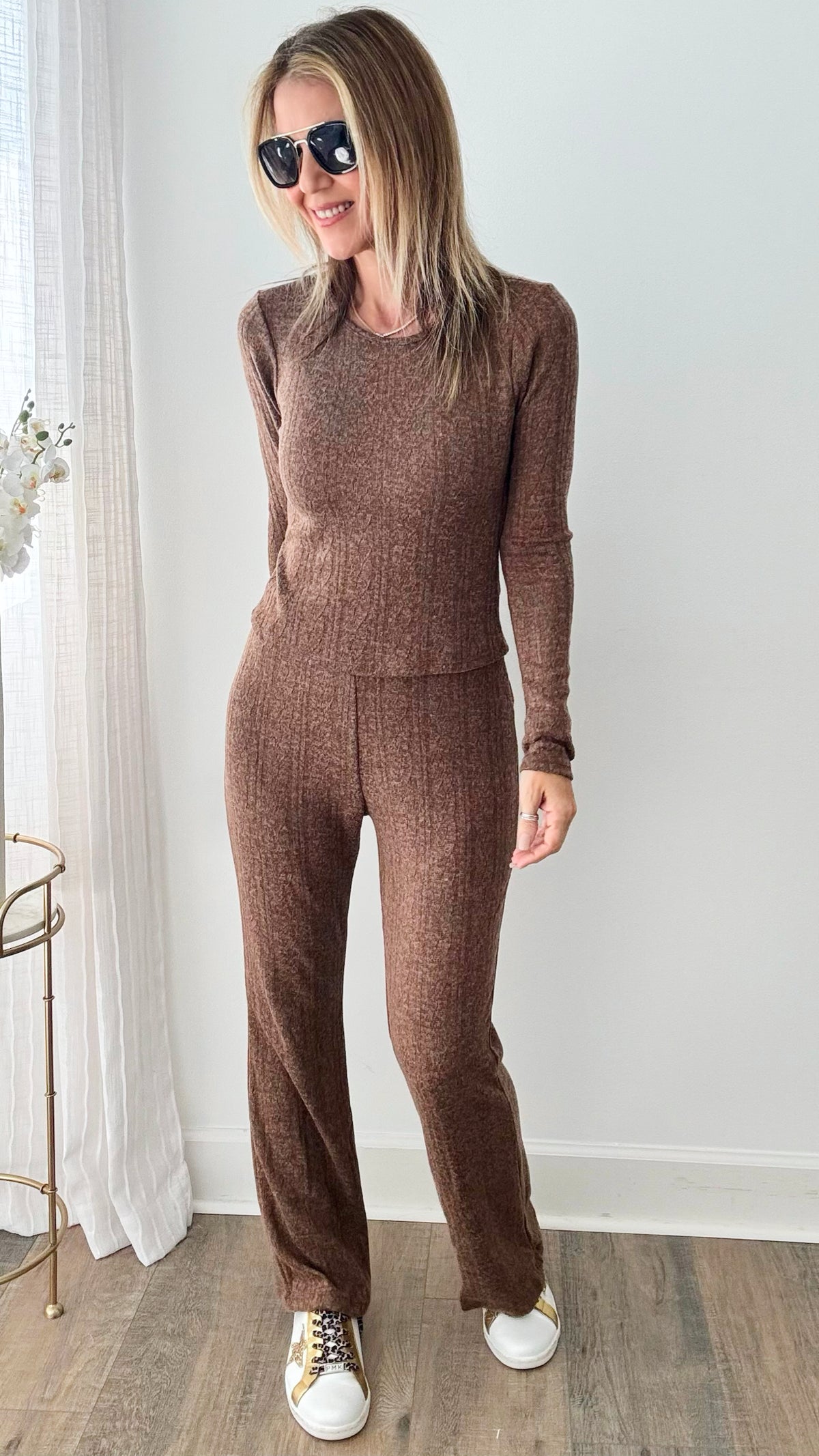 Cable Textured Top & Pant Matching Set - choco-210 Loungewear/Sets-ROUSSEAU-Coastal Bloom Boutique, find the trendiest versions of the popular styles and looks Located in Indialantic, FL