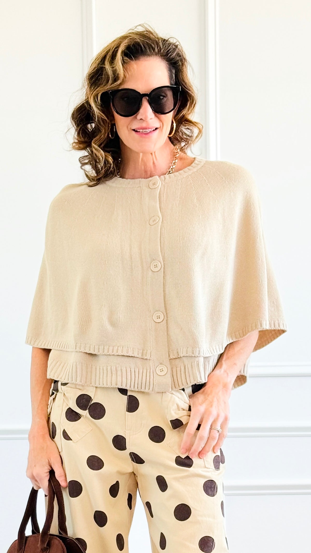 Knit Button Front Cape Poncho -Beige-150 Cardigans/Layers-NYW-Coastal Bloom Boutique, find the trendiest versions of the popular styles and looks Located in Indialantic, FL