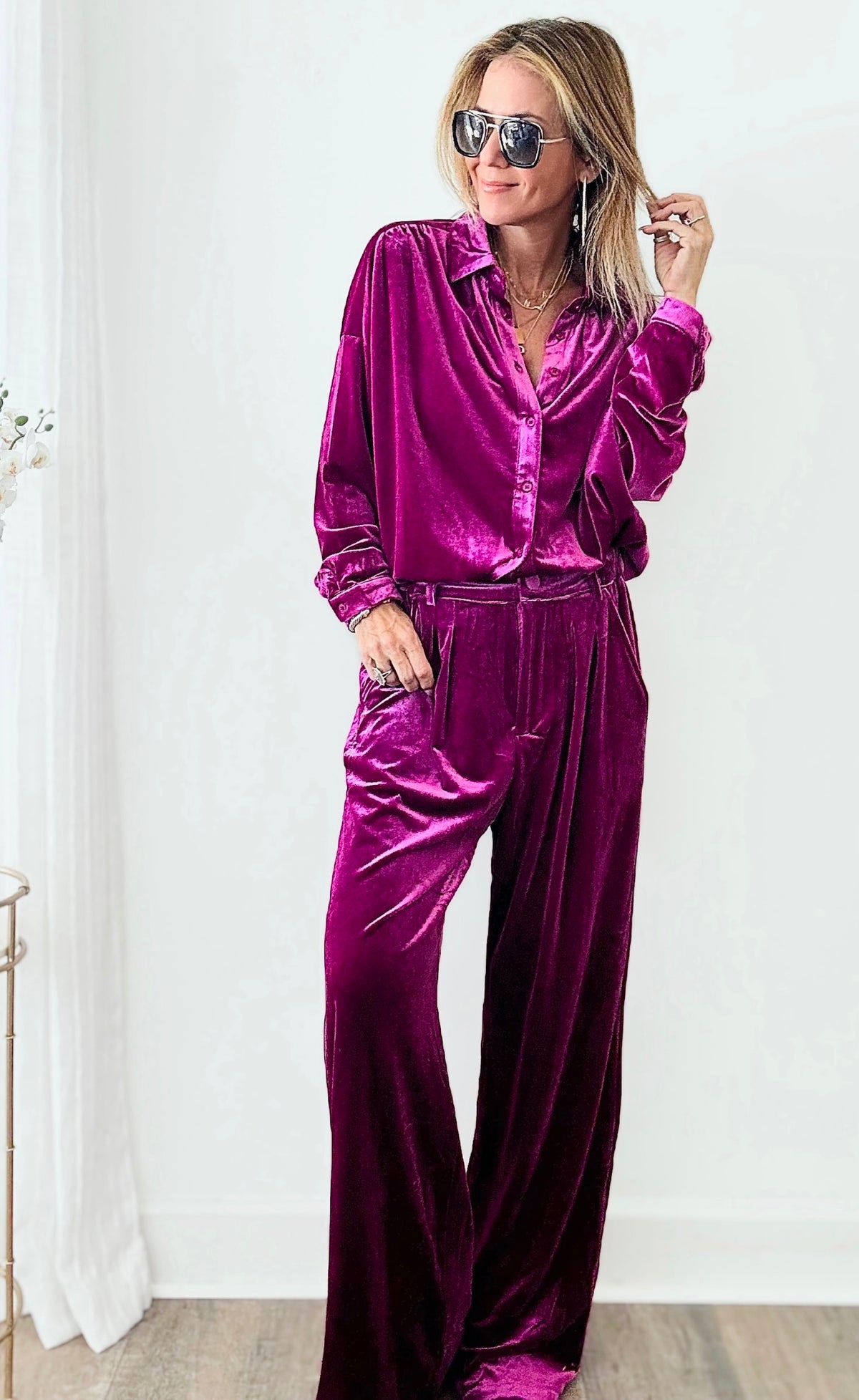 Velvet Wide Leg Pants - Magenta-170 Bottoms-Jodifl-Coastal Bloom Boutique, find the trendiest versions of the popular styles and looks Located in Indialantic, FL