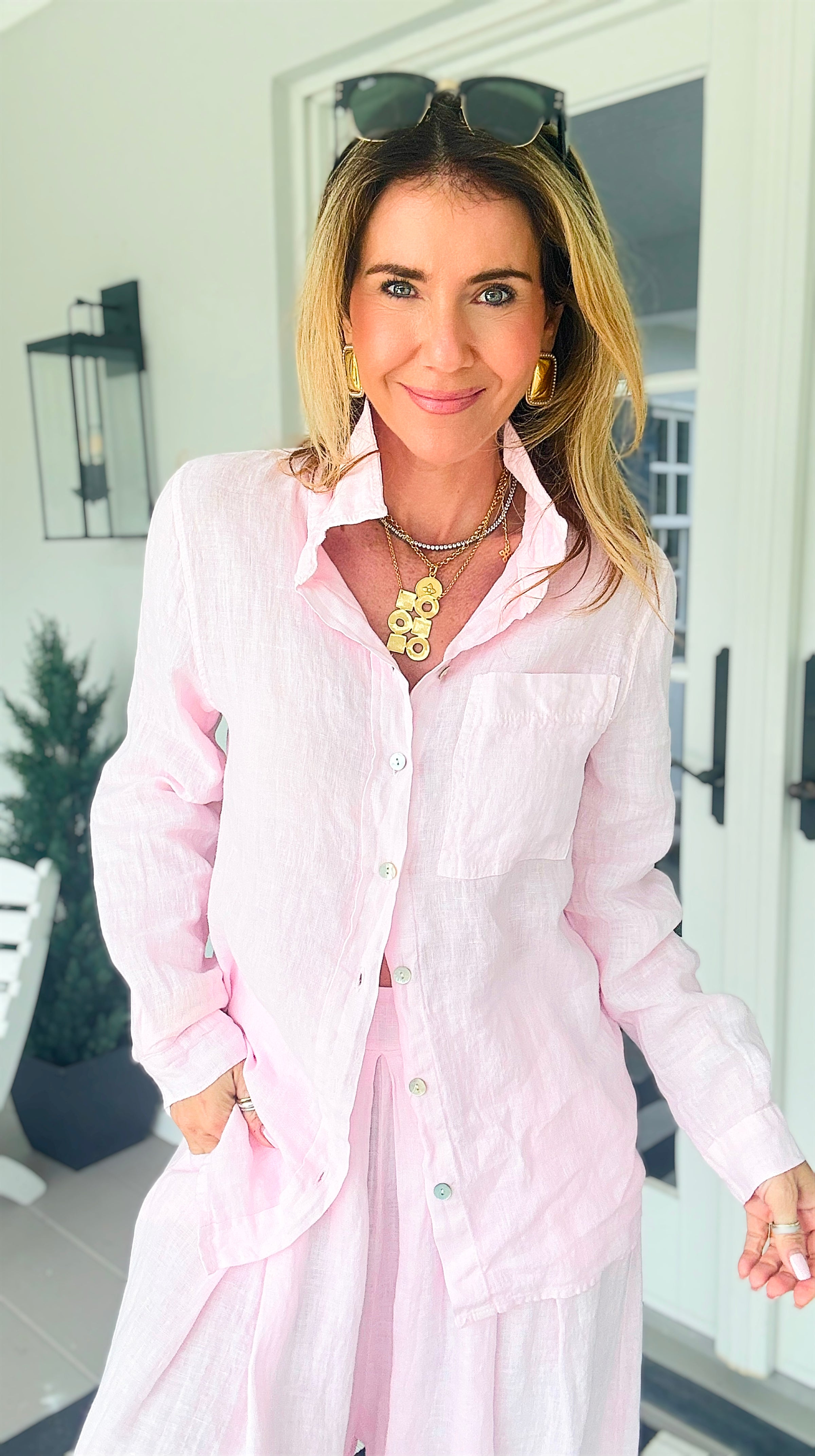 Tuscany Linen Italian Button Top- Light Pink