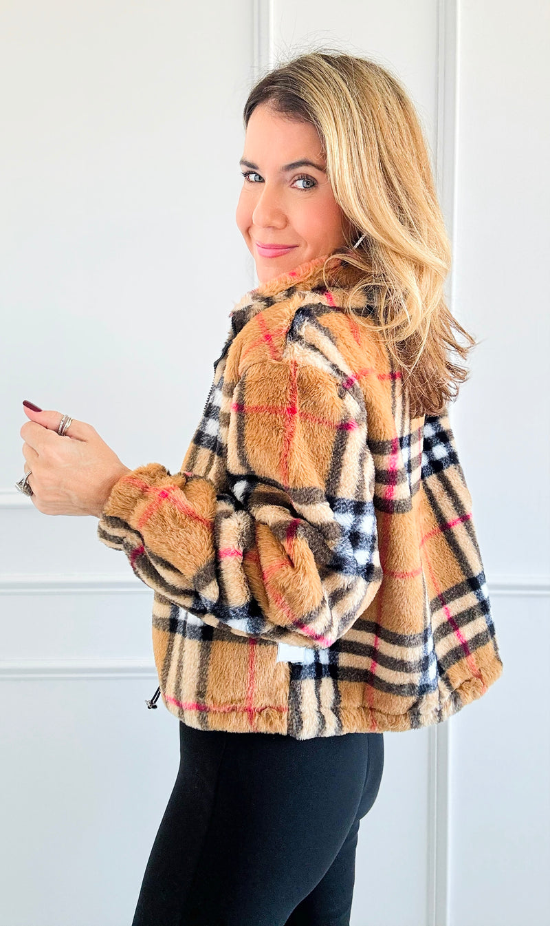 Plaid Fur Zip Jacket-160 Jackets-SANTOORI-Coastal Bloom Boutique, find the trendiest versions of the popular styles and looks Located in Indialantic, FL