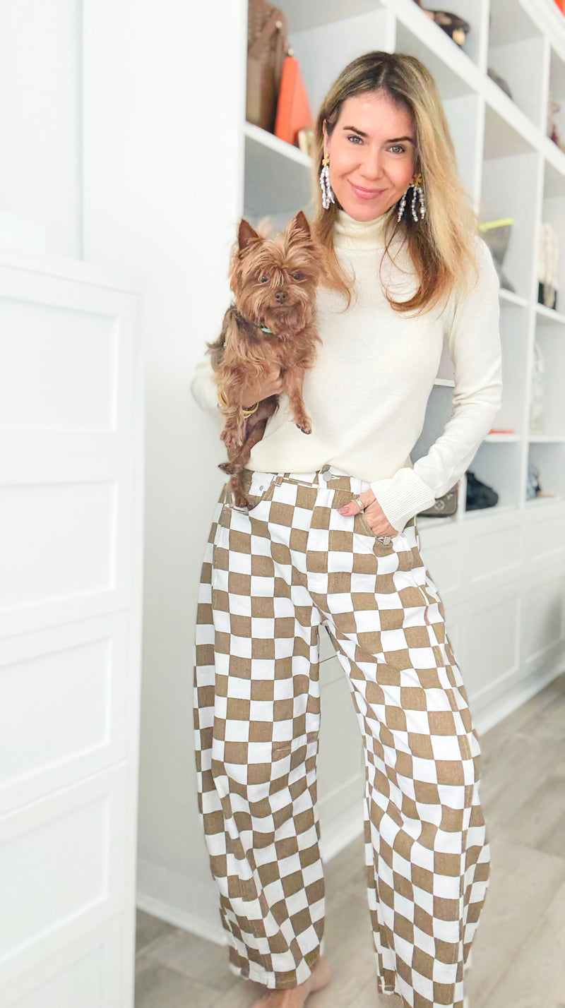 Checkered Denim Pants - Mocha-170 Bottoms-oddi-Coastal Bloom Boutique, find the trendiest versions of the popular styles and looks Located in Indialantic, FL