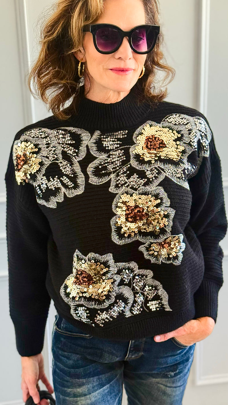 Sequin Blossom Italian Knit Sweater- Black-140 Sweaters-AZUL MONACO-Coastal Bloom Boutique, find the trendiest versions of the popular styles and looks Located in Indialantic, FL