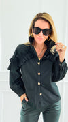 Ruffle Detail Button Down Blouse-130 Long Sleeve Tops-PASTEL DESIGN-Coastal Bloom Boutique, find the trendiest versions of the popular styles and looks Located in Indialantic, FL