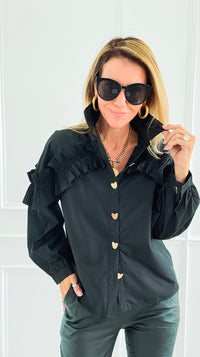 Ruffle Detail Button Down Blouse-130 Long Sleeve Tops-PASTEL DESIGN-Coastal Bloom Boutique, find the trendiest versions of the popular styles and looks Located in Indialantic, FL