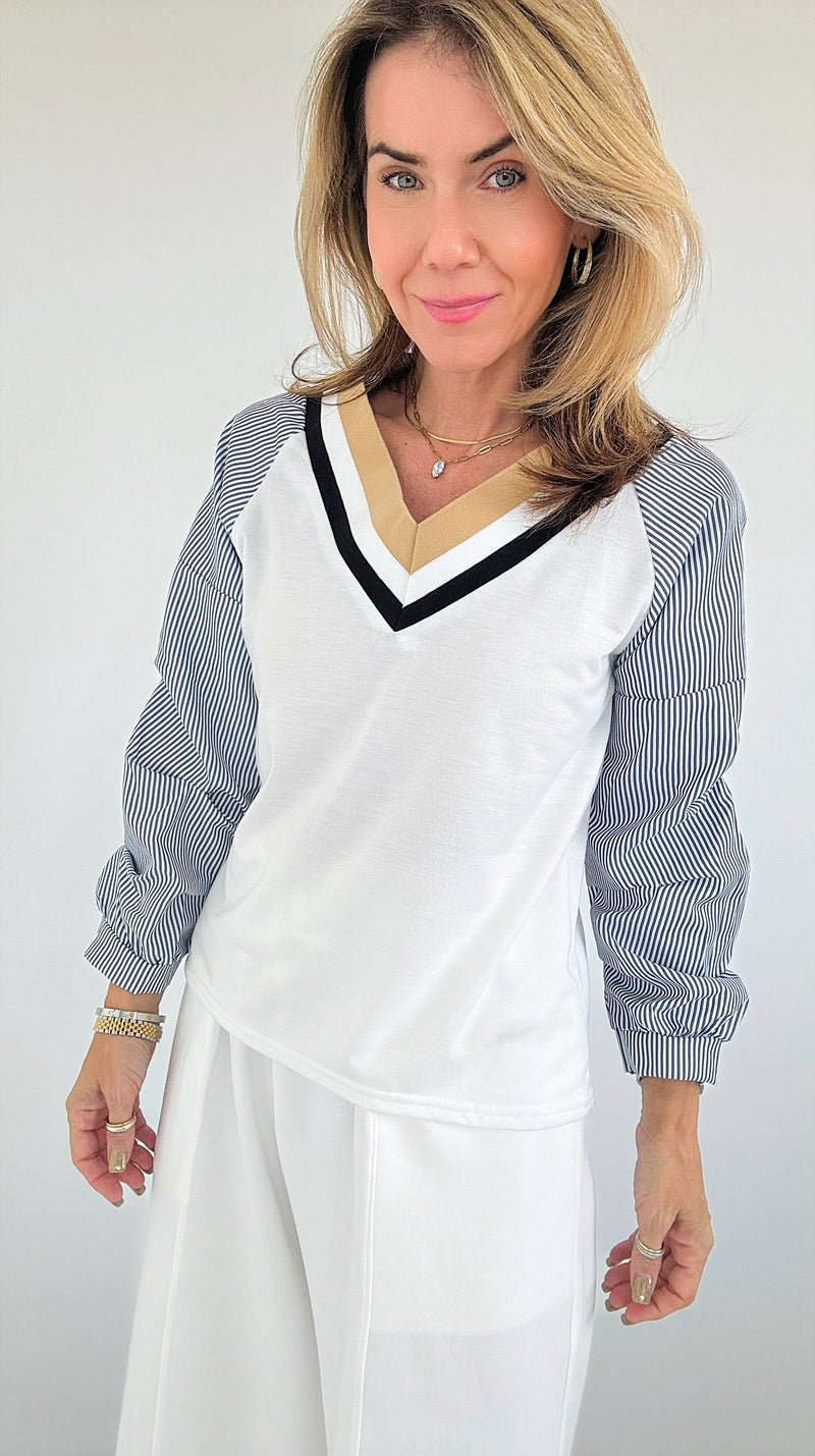 Riviera V-Neck Stripe Blouse-130 Long Sleeve Tops-Chasing Bandits-Coastal Bloom Boutique, find the trendiest versions of the popular styles and looks Located in Indialantic, FL