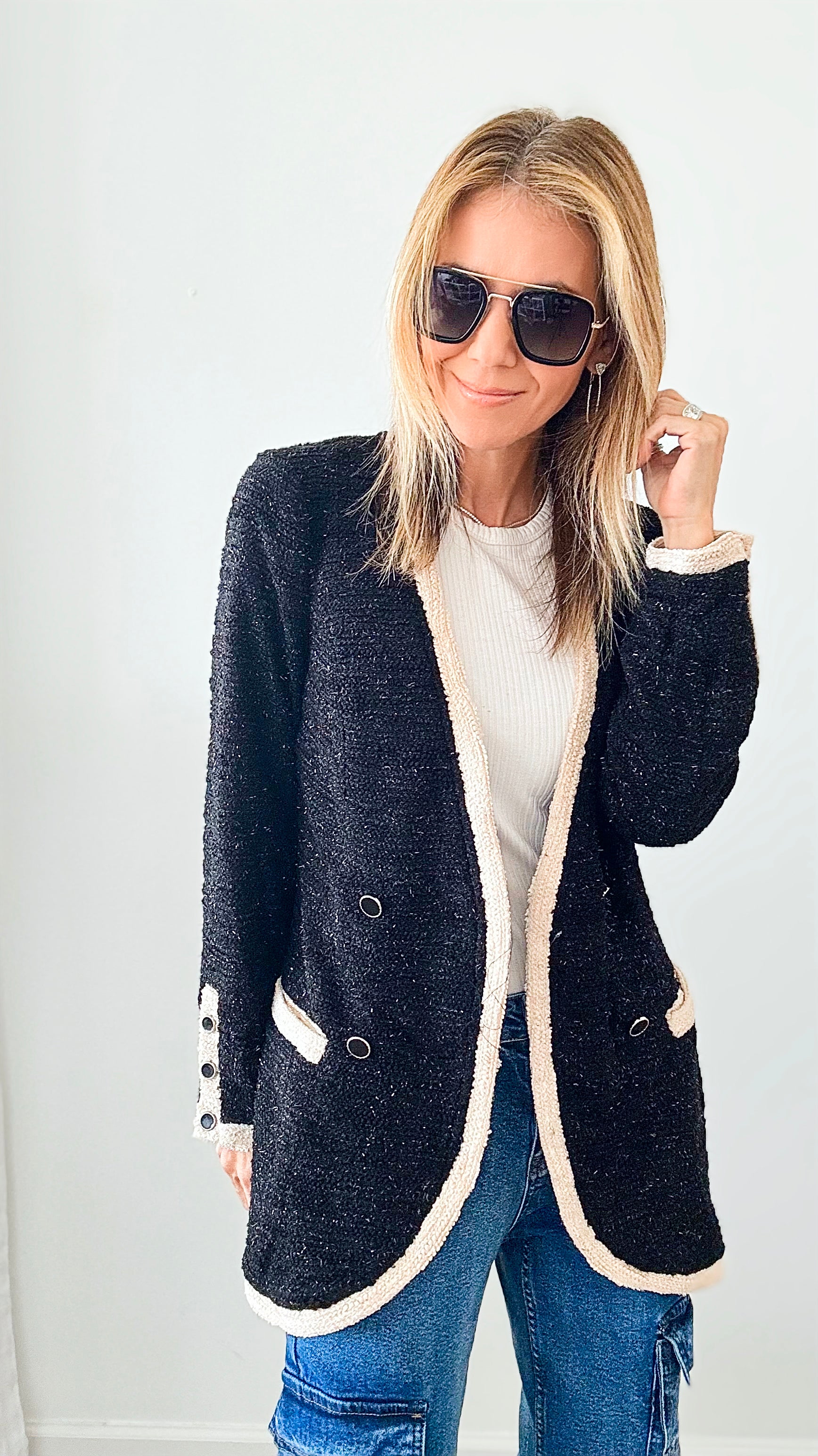 Shimmer Tweed Double Button Blazer-160 Jackets-Blue Blush-Coastal Bloom Boutique, find the trendiest versions of the popular styles and looks Located in Indialantic, FL