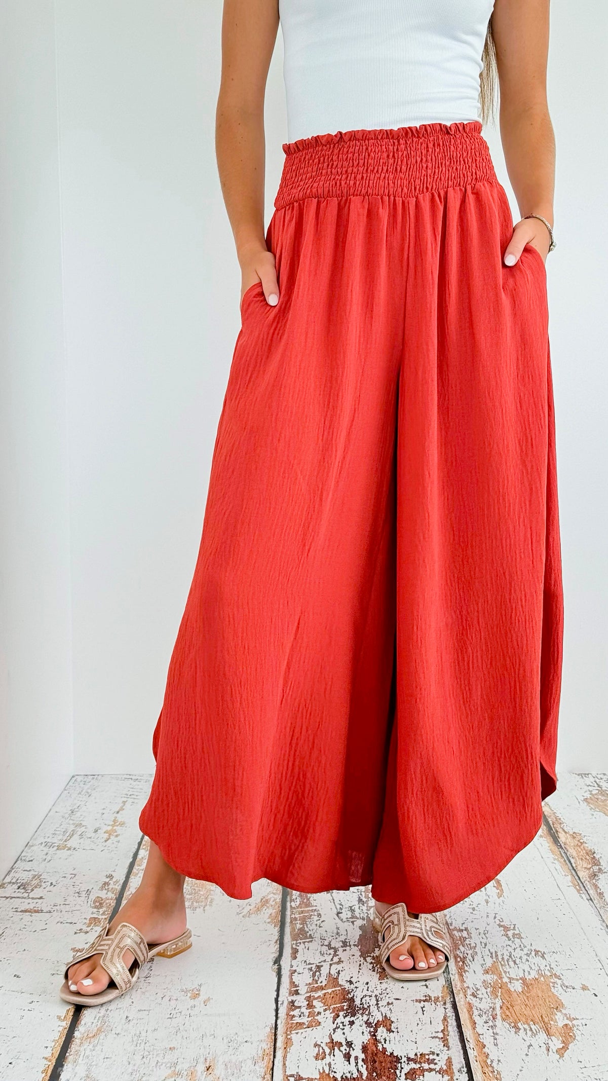 Smocked Elastic Waist Band Pants- Rust-170 Bottoms-oddi-Coastal Bloom Boutique, find the trendiest versions of the popular styles and looks Located in Indialantic, FL