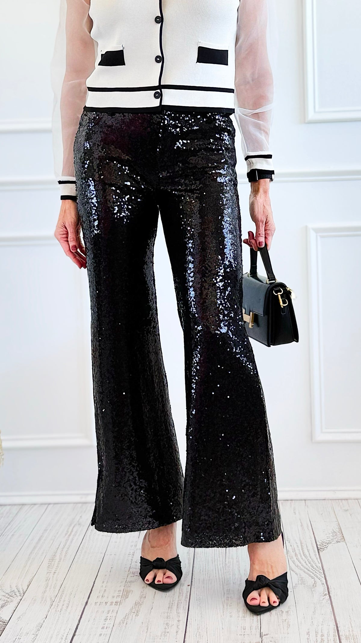 Boujie Holiday Sequin Flare Pants - Black-100 Pants-SO ME-Coastal Bloom Boutique, find the trendiest versions of the popular styles and looks Located in Indialantic, FL