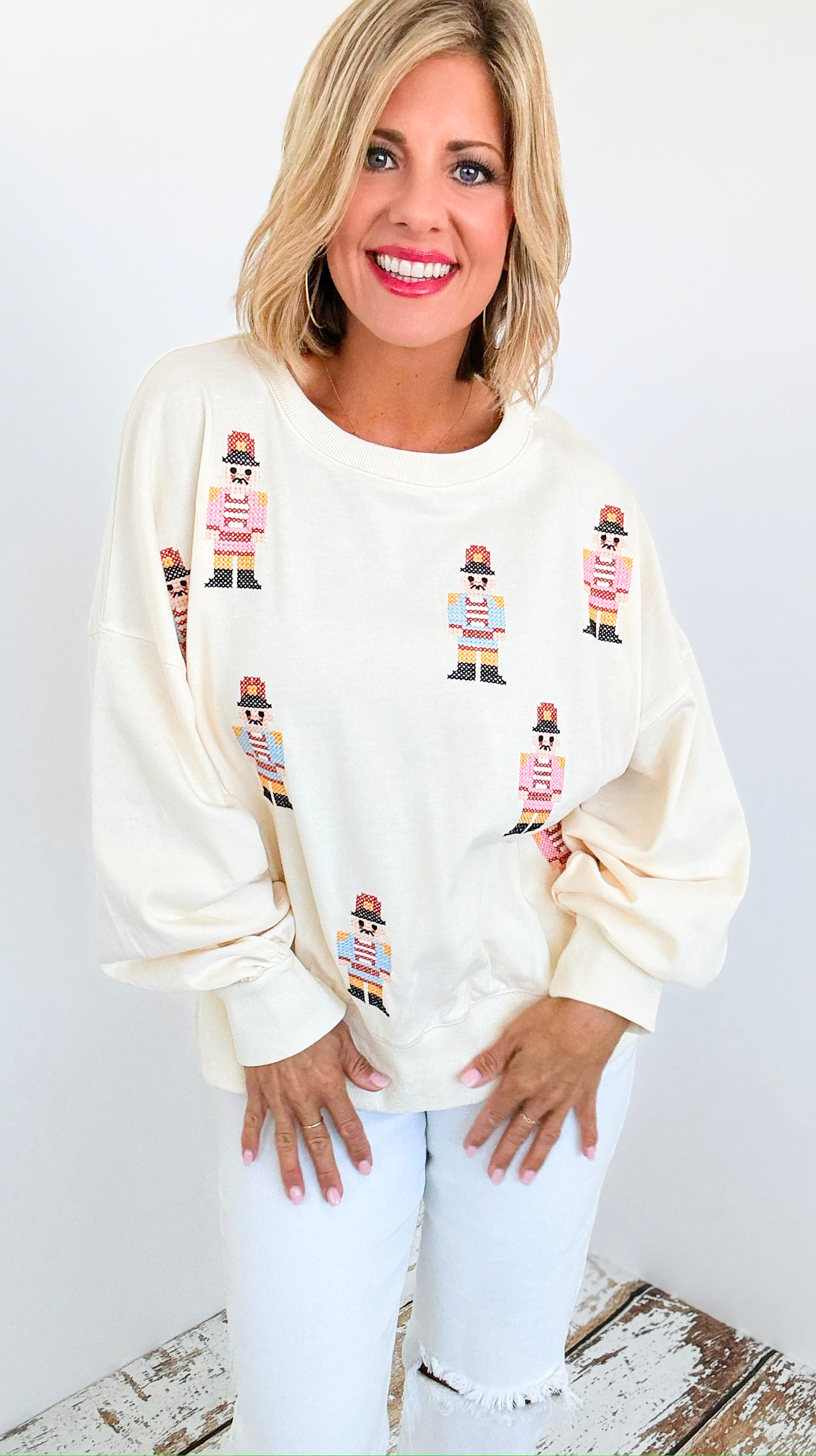 Nutcracker Cross Stitch Sweatshirt-140 Sweaters-Peach Love California-Coastal Bloom Boutique, find the trendiest versions of the popular styles and looks Located in Indialantic, FL