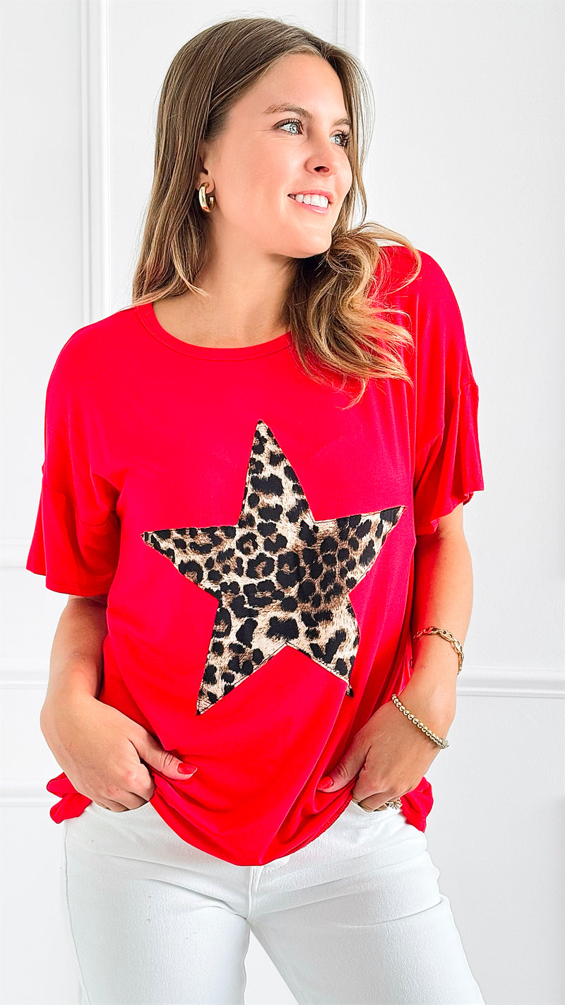 Star Power Leopard Top - Red-110 Short Sleeve Tops-Heimish-Coastal Bloom Boutique, find the trendiest versions of the popular styles and looks Located in Indialantic, FL