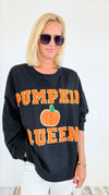 Varsity Pumpkin Queen Sweatshirt-130 Long Sleeve Tops-BIBI-Coastal Bloom Boutique, find the trendiest versions of the popular styles and looks Located in Indialantic, FL