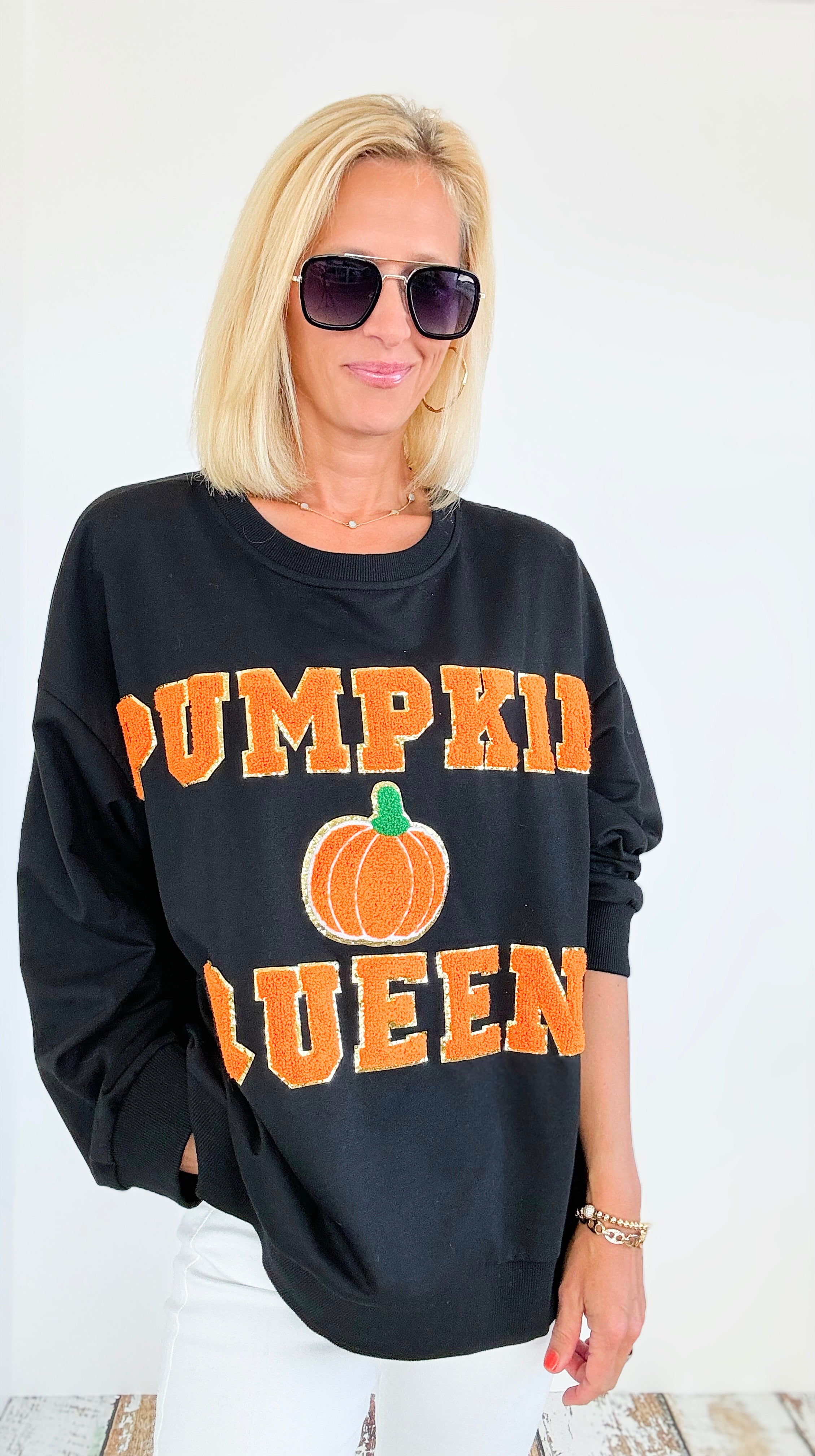 Varsity Pumpkin Queen Sweatshirt-130 Long Sleeve Tops-BIBI-Coastal Bloom Boutique, find the trendiest versions of the popular styles and looks Located in Indialantic, FL