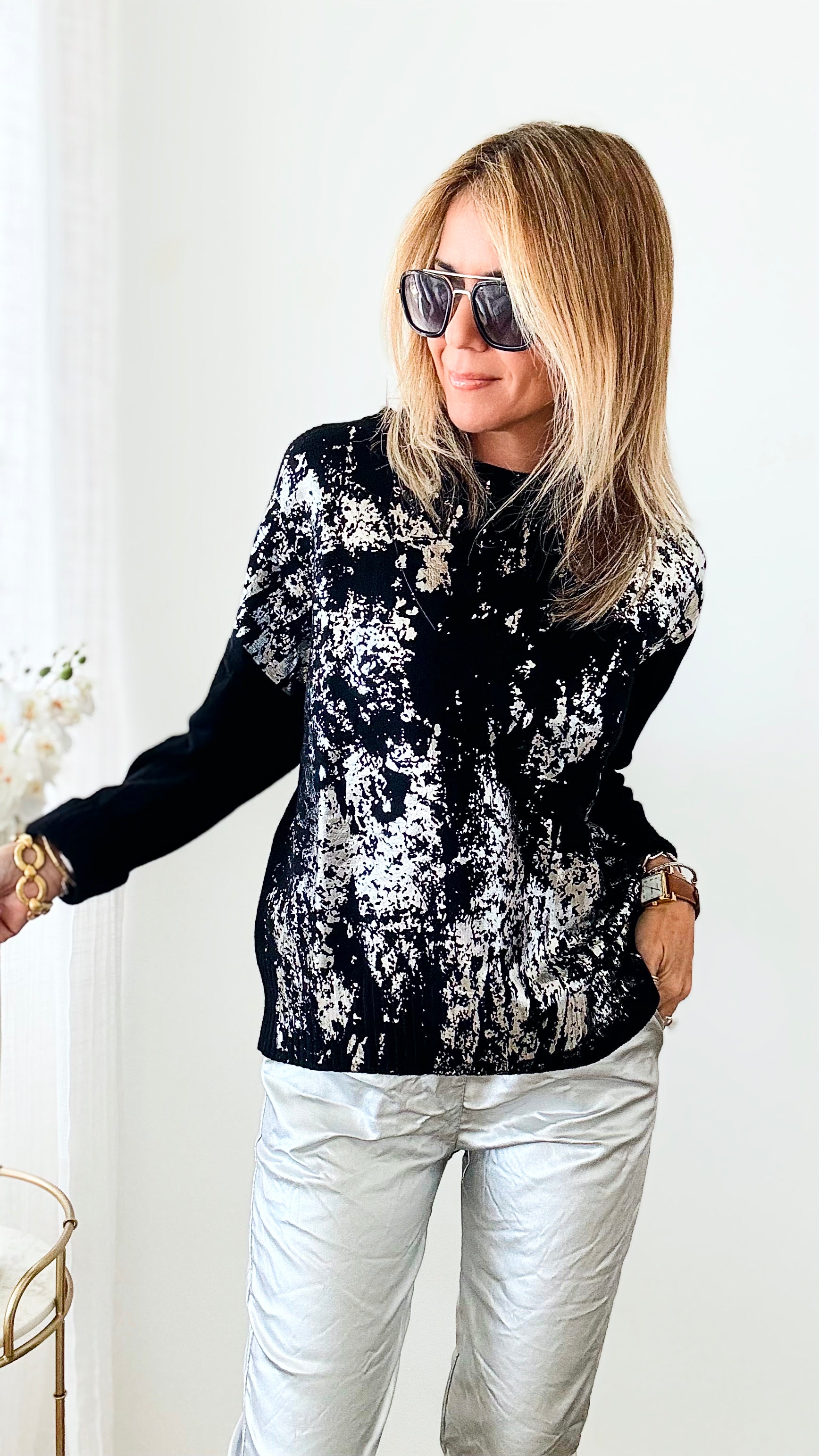 Boatneck Italian Silver Foil Sweater-140 Sweaters-Look Mode-Coastal Bloom Boutique, find the trendiest versions of the popular styles and looks Located in Indialantic, FL