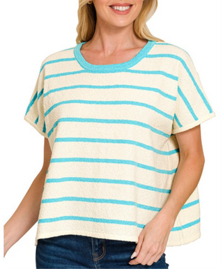 Relaxed Fit Textured Stripe Knit Top- Turquoise