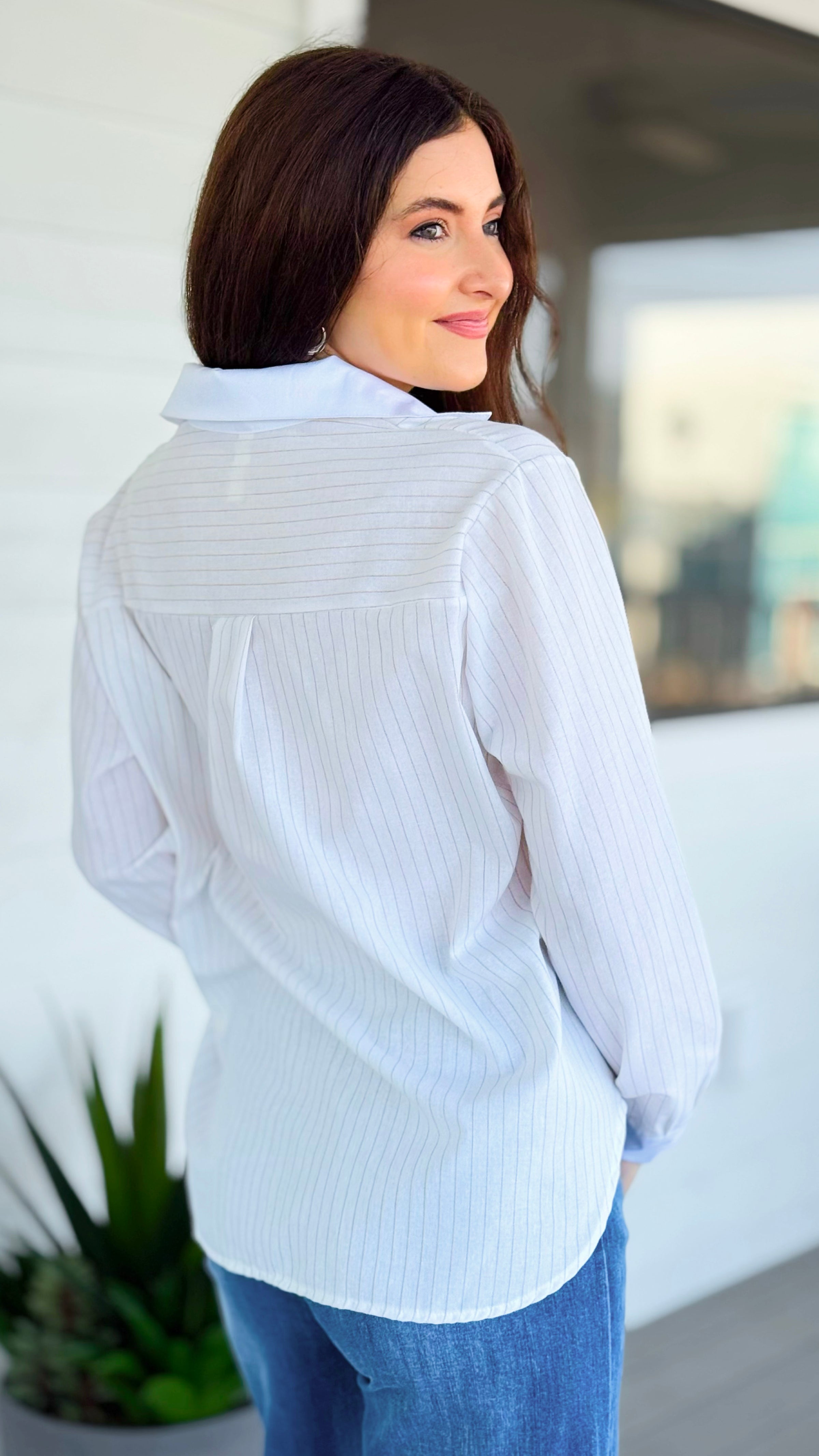 Perfectly Striped Italian Button Top- White/Beige