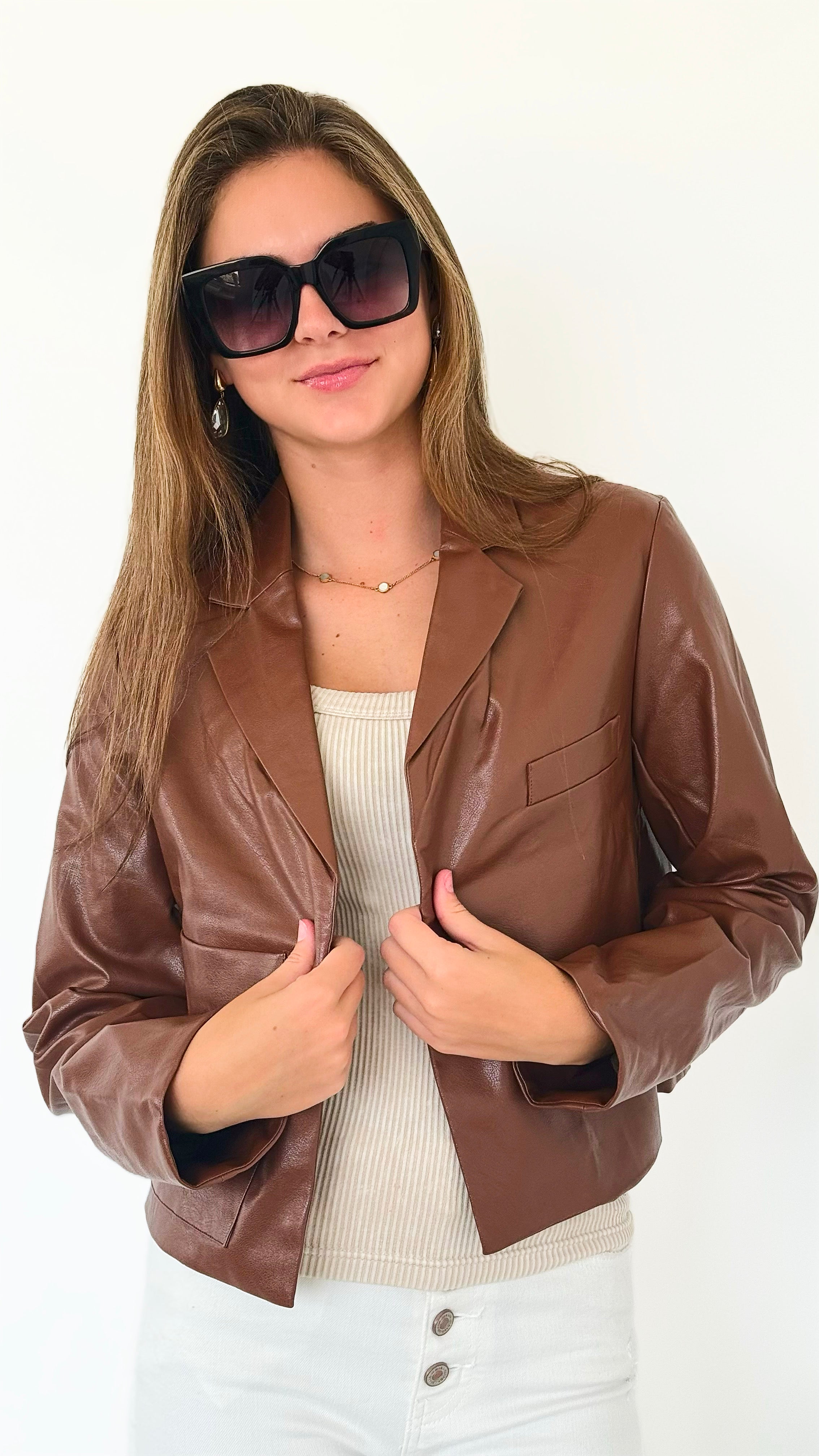 Caramel City Vegan Leather Blazer-160 Jackets-BucketList-Coastal Bloom Boutique, find the trendiest versions of the popular styles and looks Located in Indialantic, FL