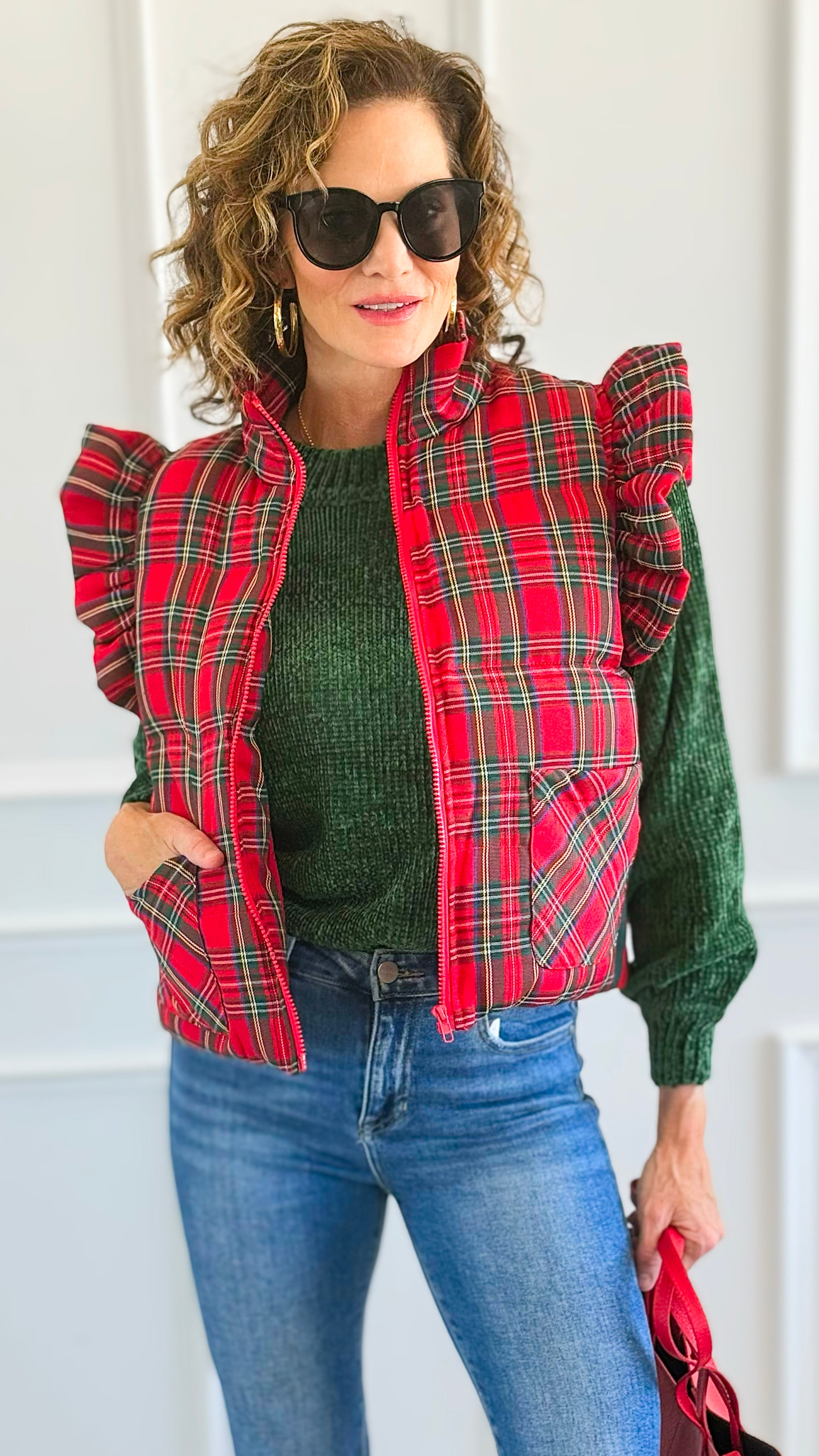 Chic Ruffled Plaid Vest-160 Jackets-JODIFL-Coastal Bloom Boutique, find the trendiest versions of the popular styles and looks Located in Indialantic, FL