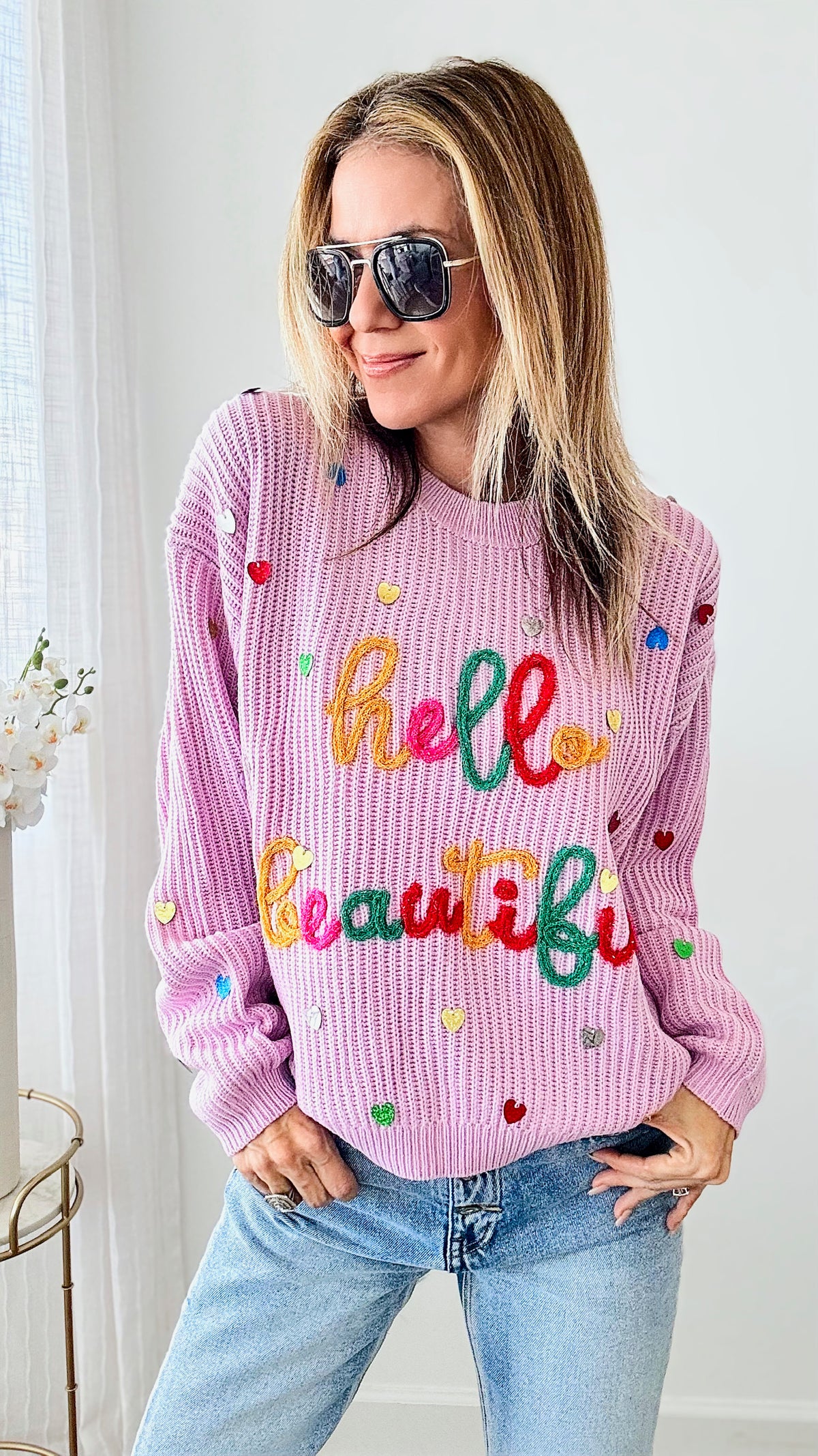 Hello Beautiful with Hearts Sweater-140 Sweaters-Jodifl-Coastal Bloom Boutique, find the trendiest versions of the popular styles and looks Located in Indialantic, FL