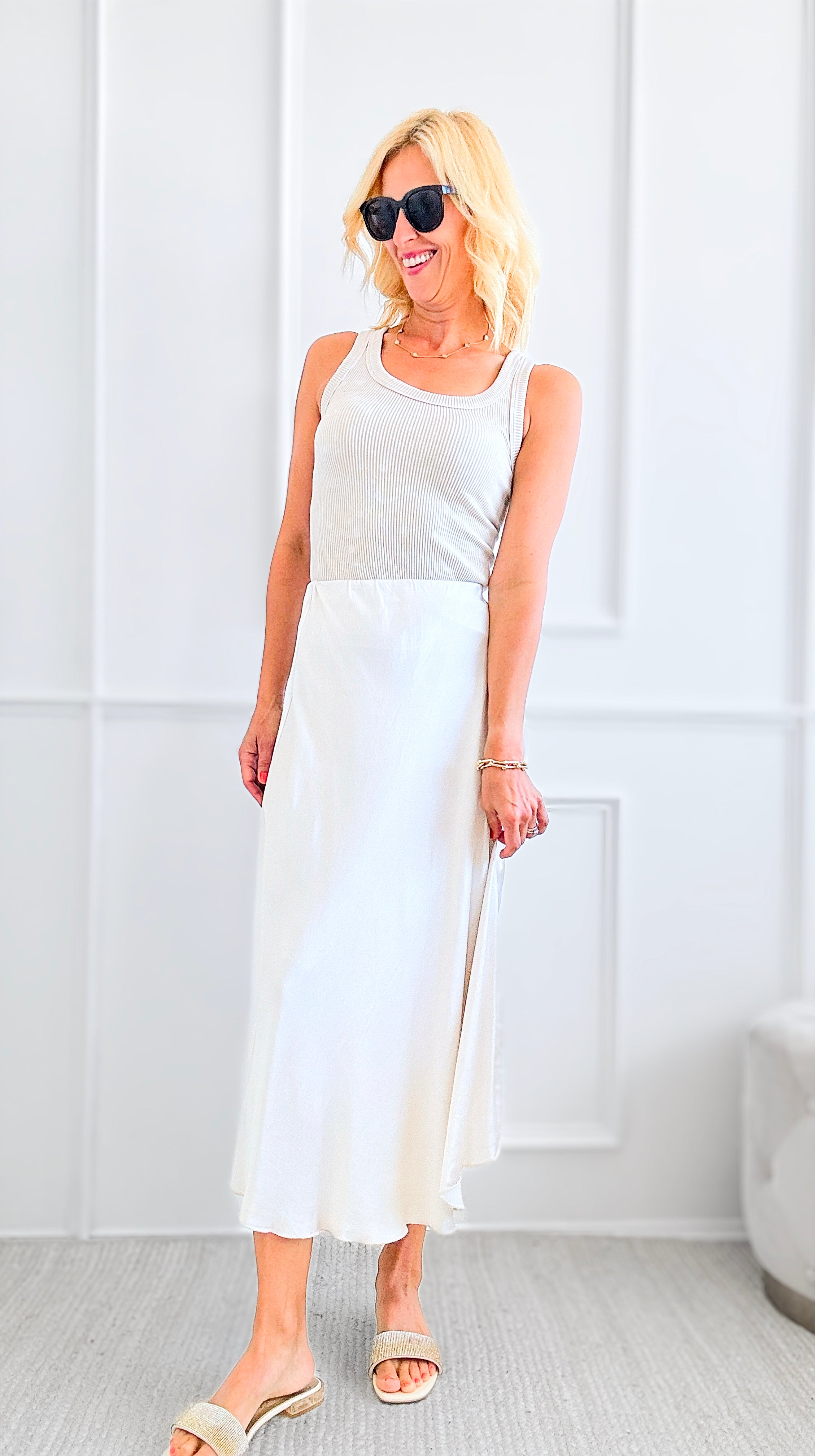 Brooklyn Italian Satin Midi Skirt - Ivory-170 Bottoms-Italianissimo-Coastal Bloom Boutique, find the trendiest versions of the popular styles and looks Located in Indialantic, FL