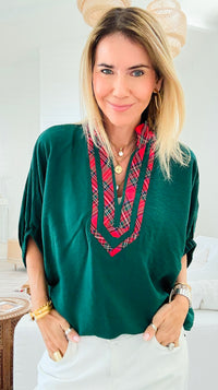 Bold Plaid Trim Blouse - Green-110 Short Sleeve Tops-entro-Coastal Bloom Boutique, find the trendiest versions of the popular styles and looks Located in Indialantic, FL