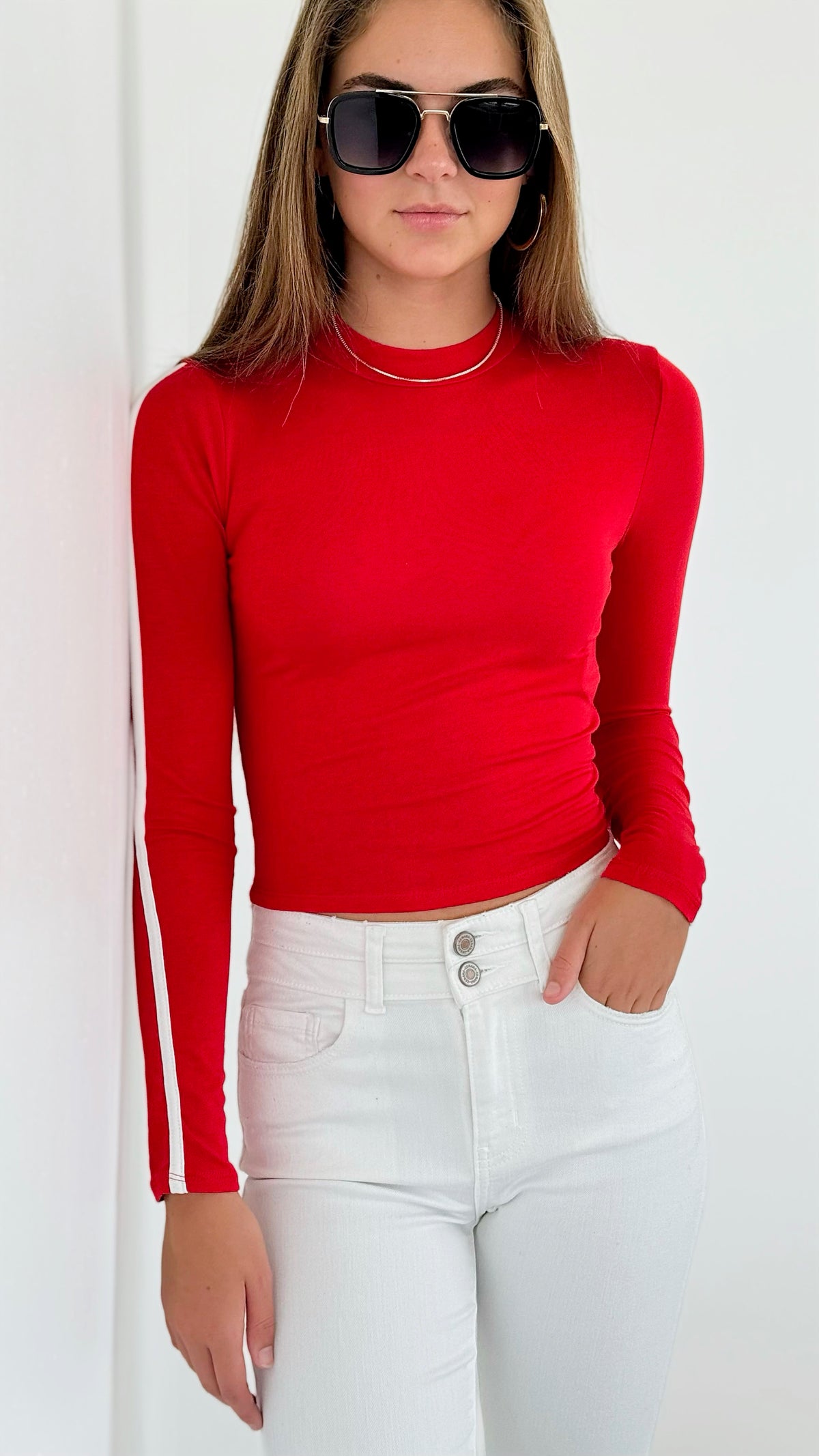 Contrast Sleeve Detail Crop Top - Red-130 Long Sleeve Tops-Heart&Hips-Coastal Bloom Boutique, find the trendiest versions of the popular styles and looks Located in Indialantic, FL