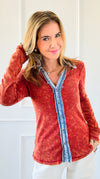 Distressed Denim Trim Button-Up Top - Red-130 Long Sleeve Tops-mystree-Coastal Bloom Boutique, find the trendiest versions of the popular styles and looks Located in Indialantic, FL