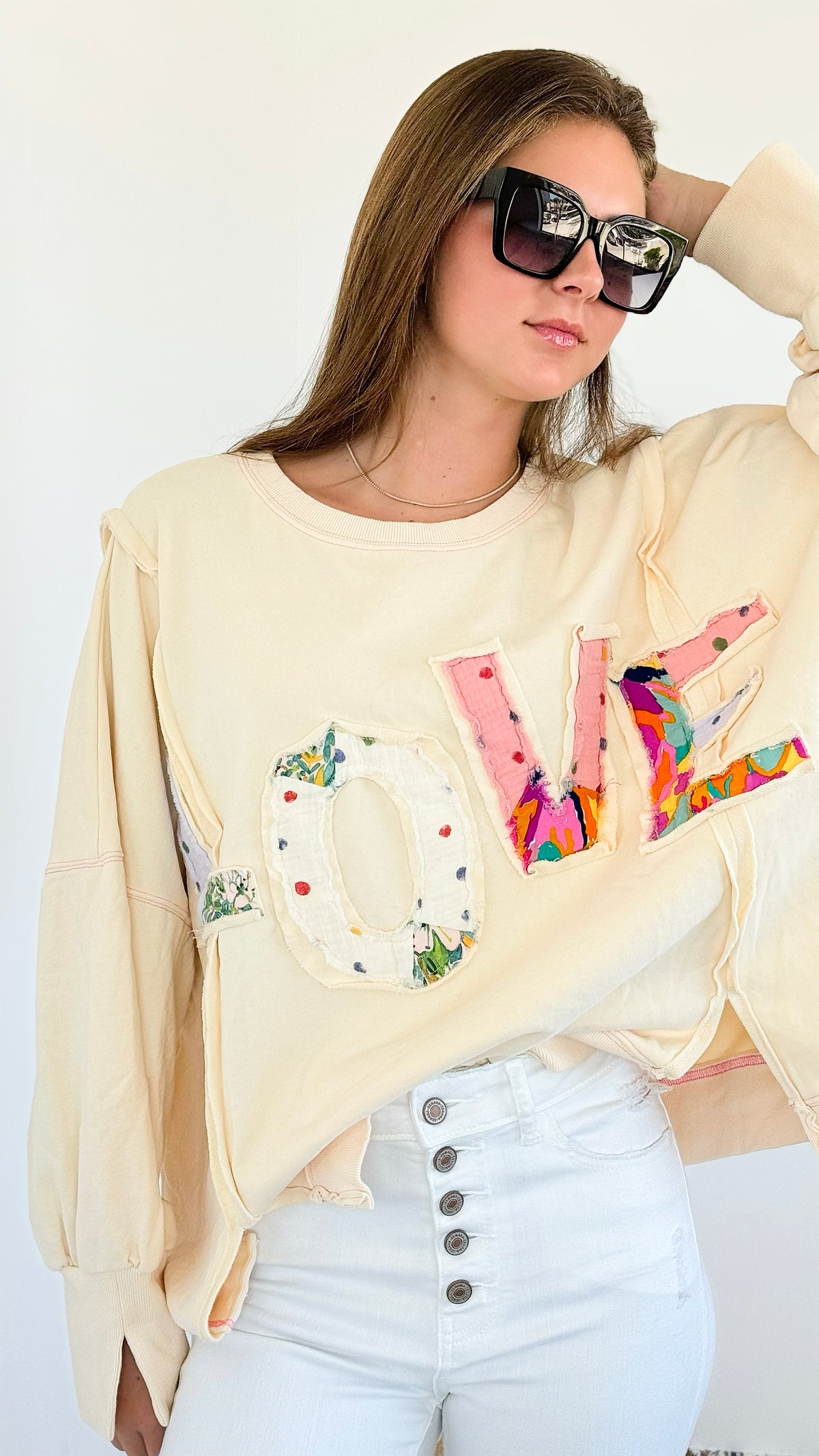 'Love' Patchwork Knit Pullover-130 Long sleeve top-EASEL-Coastal Bloom Boutique, find the trendiest versions of the popular styles and looks Located in Indialantic, FL