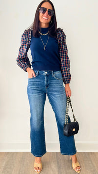 Contrast Plaid Ruffle Sweater Top-140 Sweaters-&MERCI-Coastal Bloom Boutique, find the trendiest versions of the popular styles and looks Located in Indialantic, FL