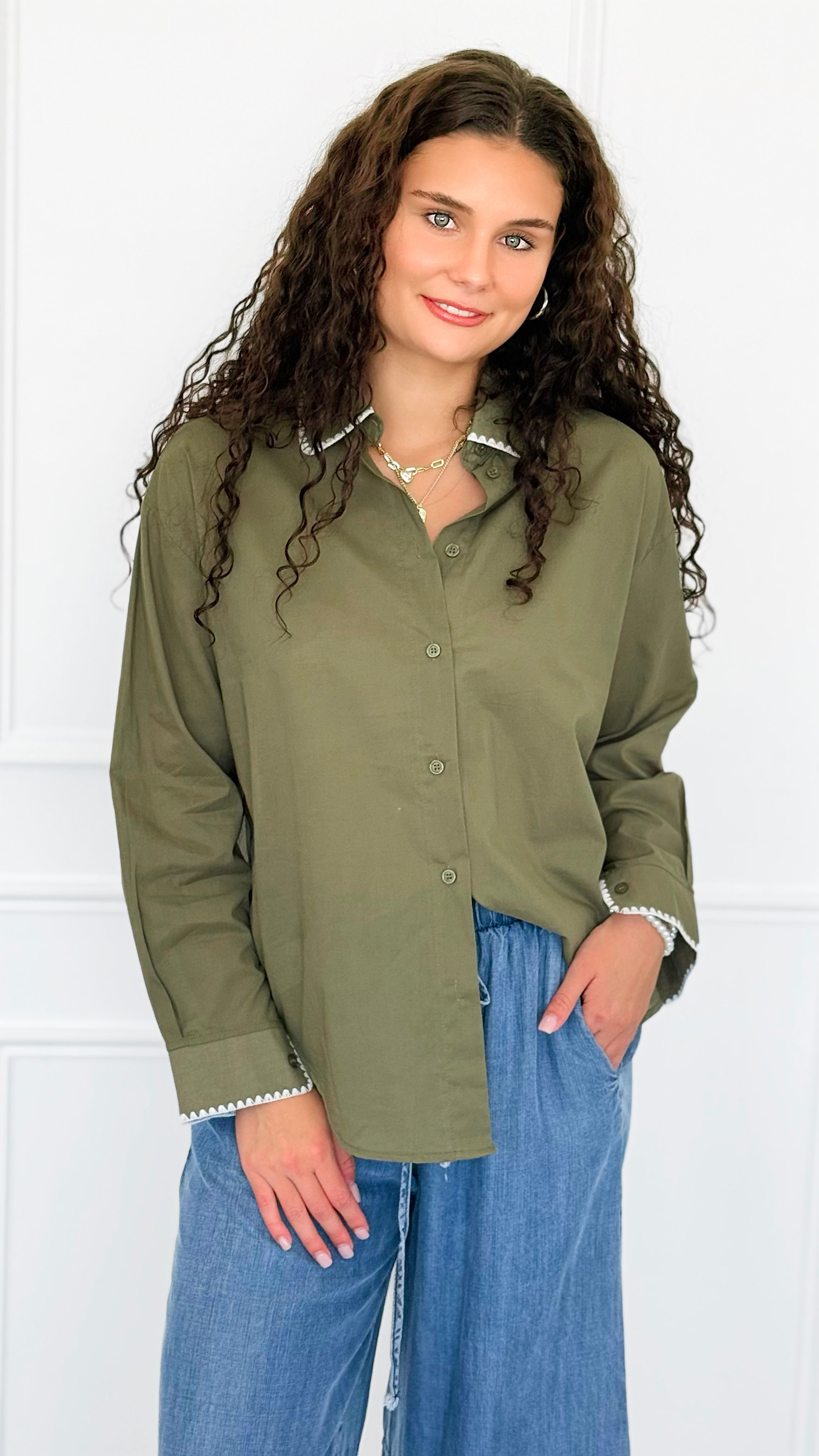 Delicate Edge Embroidered Blouse- Olive-170 Bottoms-V SKY-Coastal Bloom Boutique, find the trendiest versions of the popular styles and looks Located in Indialantic, FL