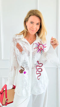 Lace Menagerie Italian Blouse- White-110 Long Sleeve Tops-TATTOO Z-Coastal Bloom Boutique, find the trendiest versions of the popular styles and looks Located in Indialantic, FL
