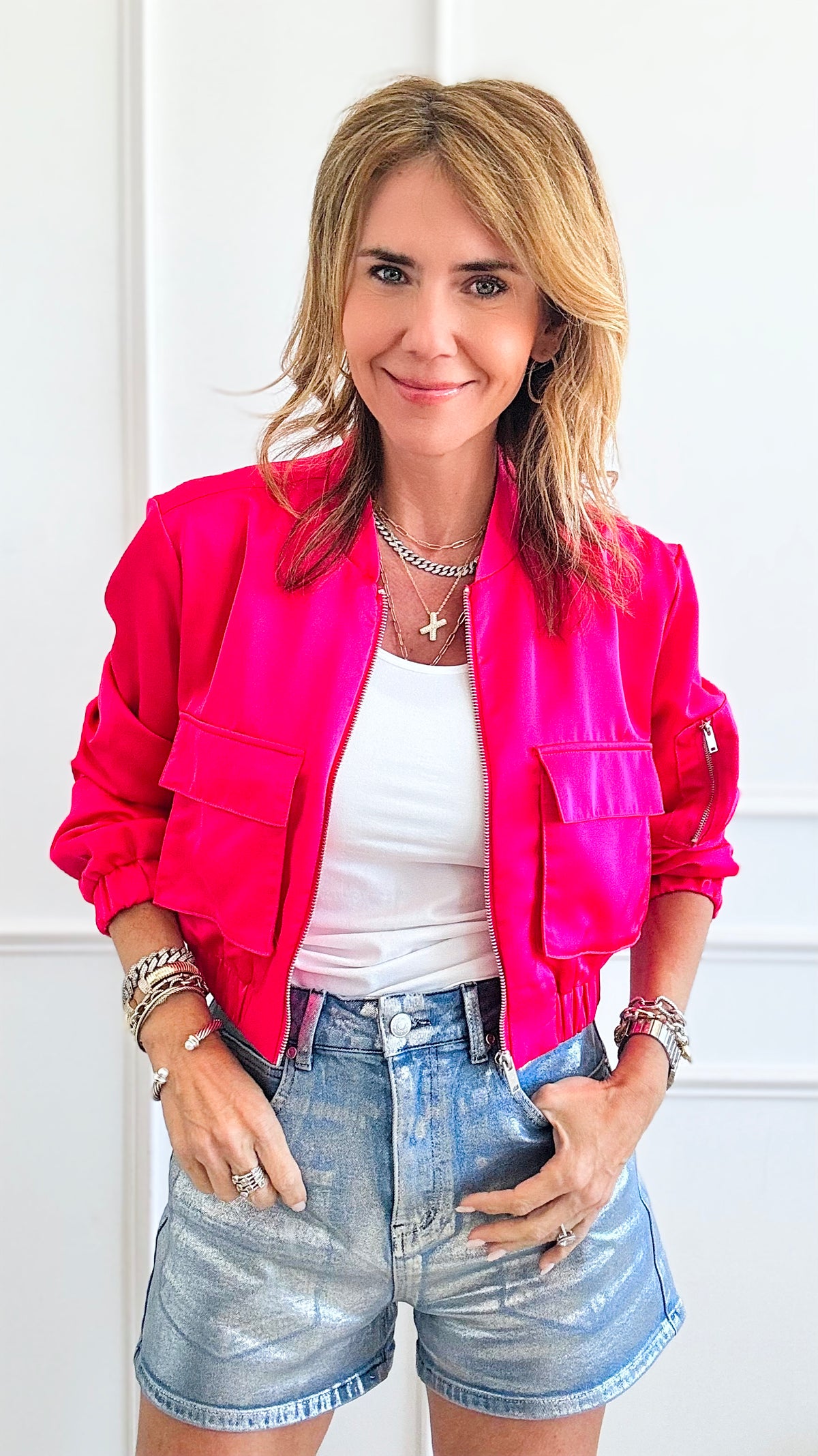 Satin Cropped Bomber Jacket - Fuchsia-160 Jackets-Love Tree Fashion-Coastal Bloom Boutique, find the trendiest versions of the popular styles and looks Located in Indialantic, FL