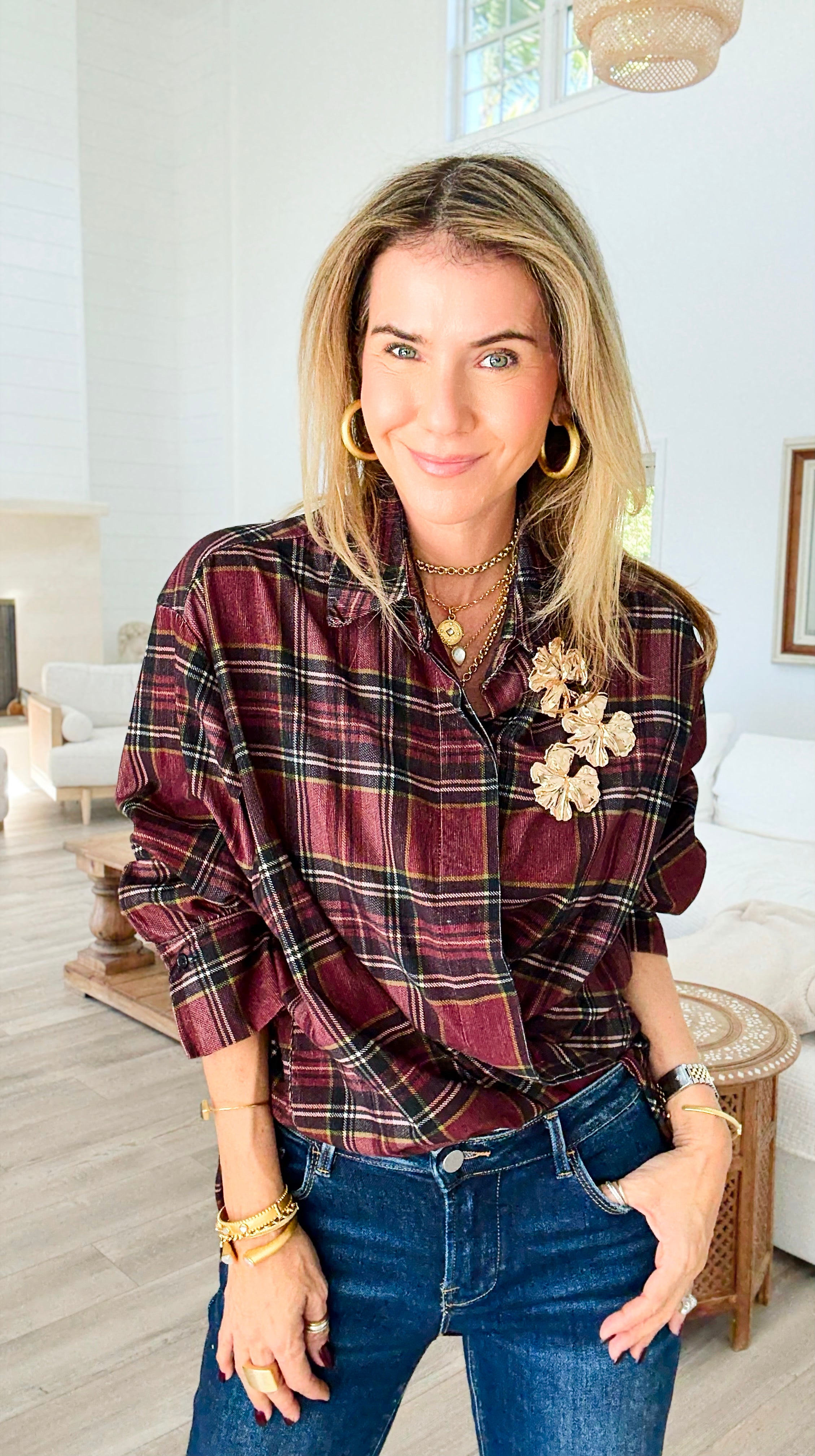 Plaid Petals Corduroy Italian Blouse