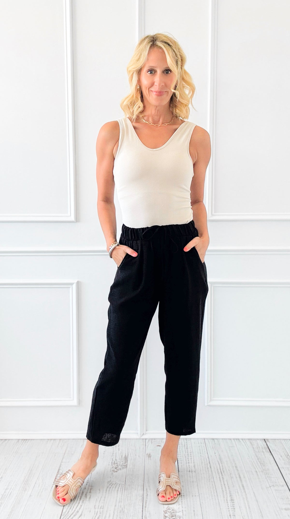 Woven Crepe Drawstring Elastic Waist Pants - Black-170 Bottoms-Zenana-Coastal Bloom Boutique, find the trendiest versions of the popular styles and looks Located in Indialantic, FL