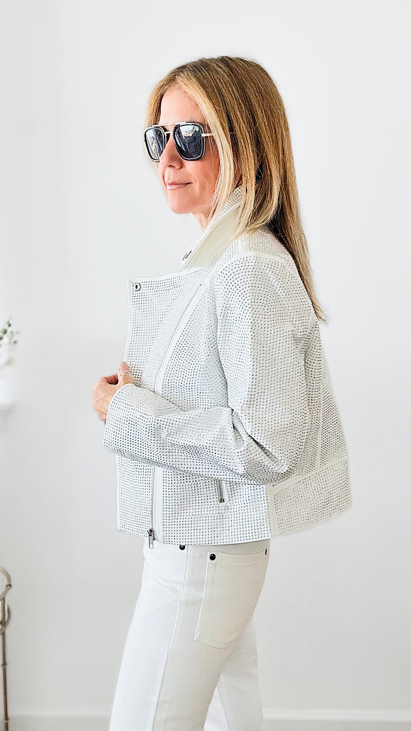 Crystal Studded Stretch Zip Up Moto Jacket - White-160 Jackets-Blue B-Coastal Bloom Boutique, find the trendiest versions of the popular styles and looks Located in Indialantic, FL