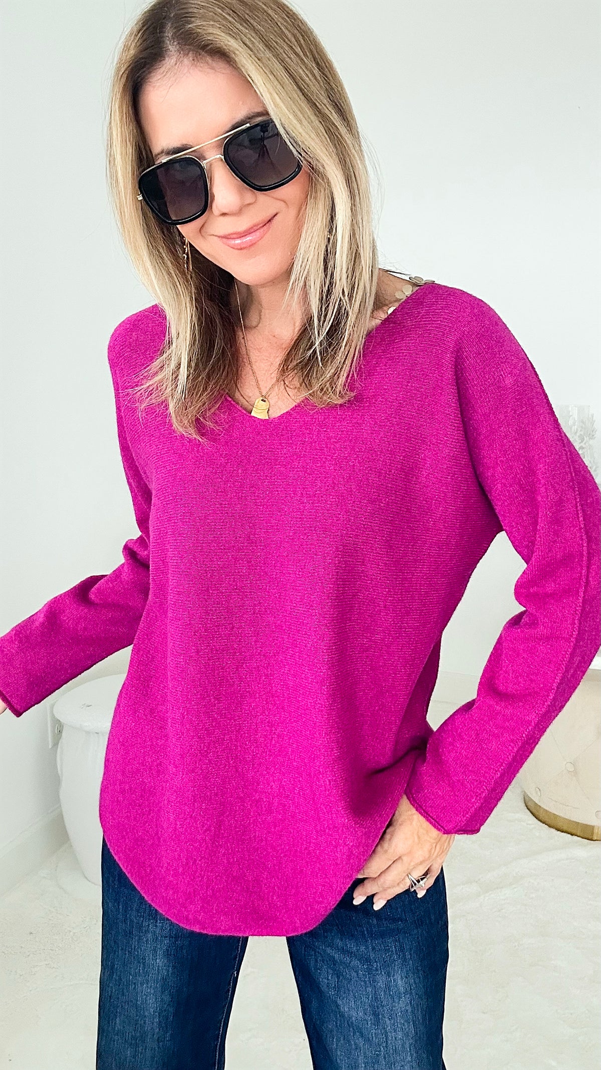 Soho Italian V-Neck Pullover - Magenta-140 Sweaters-Germany-Coastal Bloom Boutique, find the trendiest versions of the popular styles and looks Located in Indialantic, FL