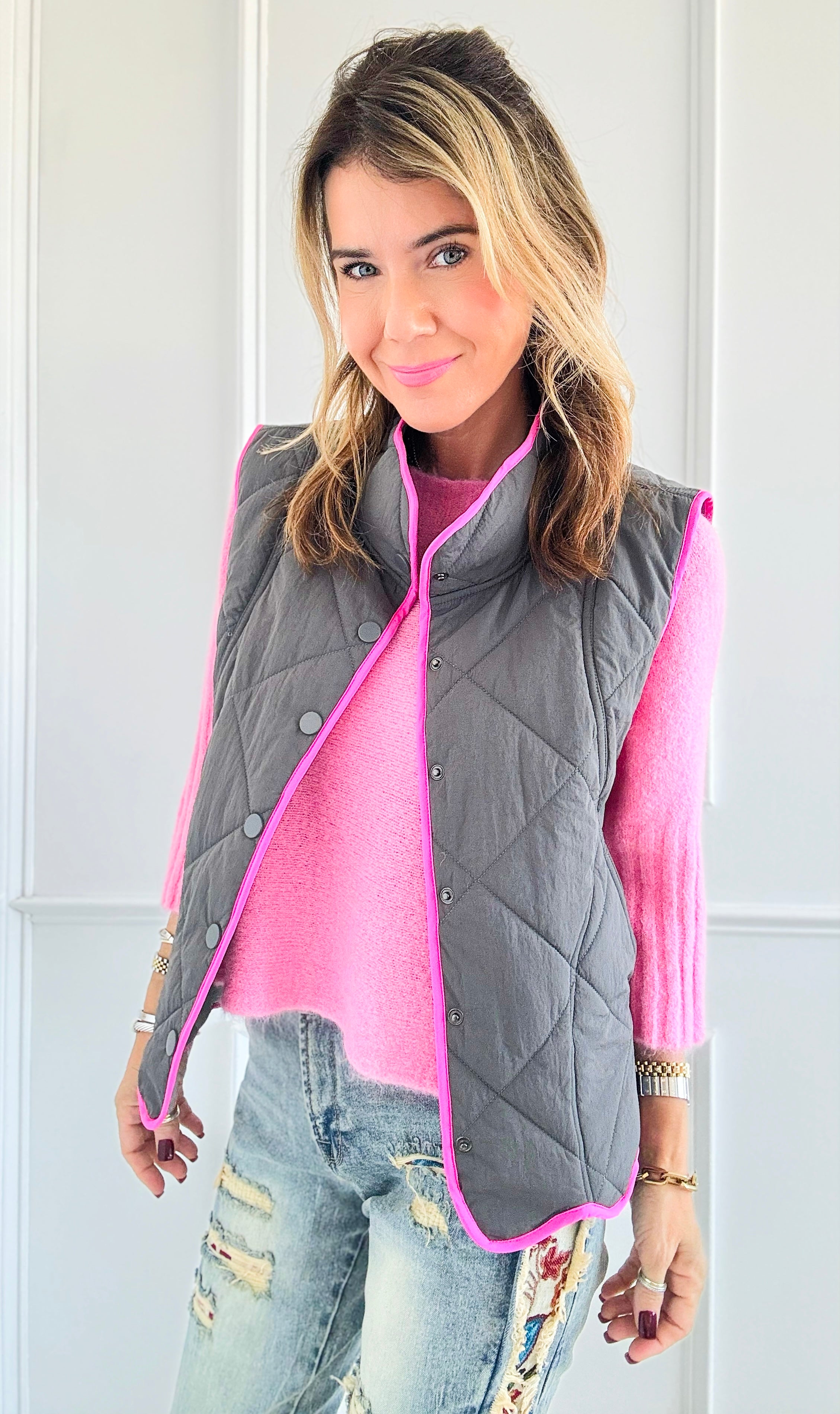 Crisp Morning Trim Quilted Vest-150 Cardigans/Layers-oddi-Coastal Bloom Boutique, find the trendiest versions of the popular styles and looks Located in Indialantic, FL